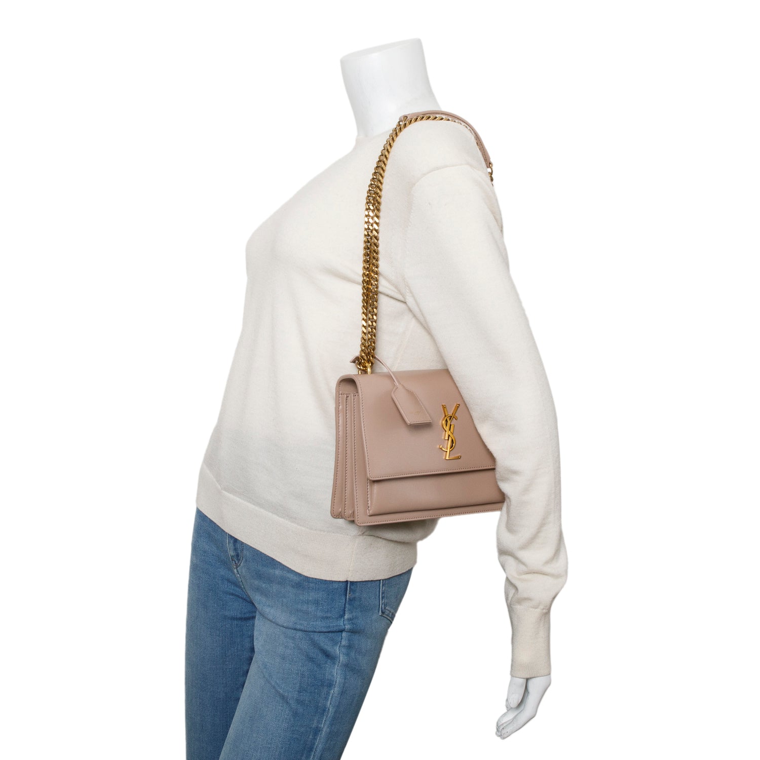 Saint Laurent 2023 Dark Beige Smooth Leather Medium Sunset Bag w/ Box