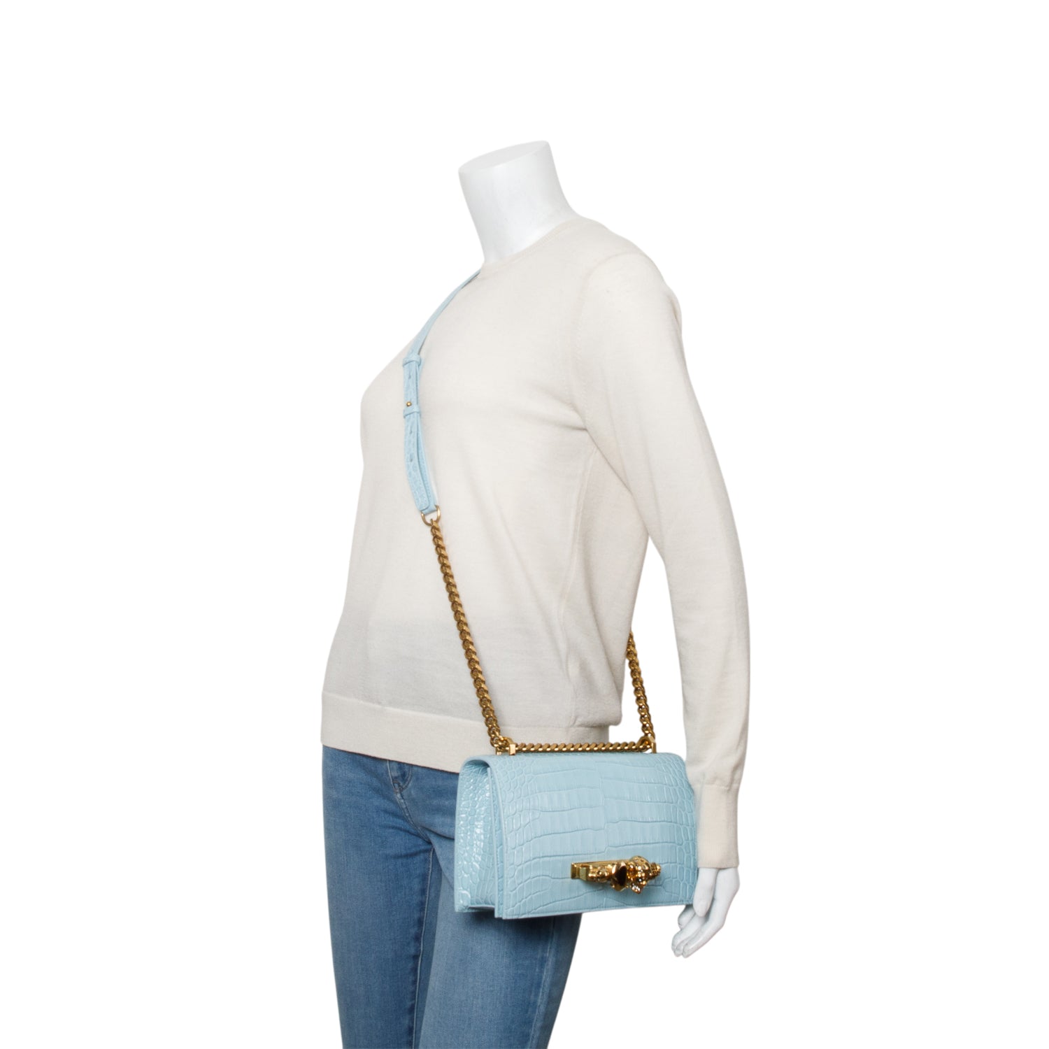 Alexander McQueen Blue Calfskin Croc Embossed Jeweled Knuckle Satchel