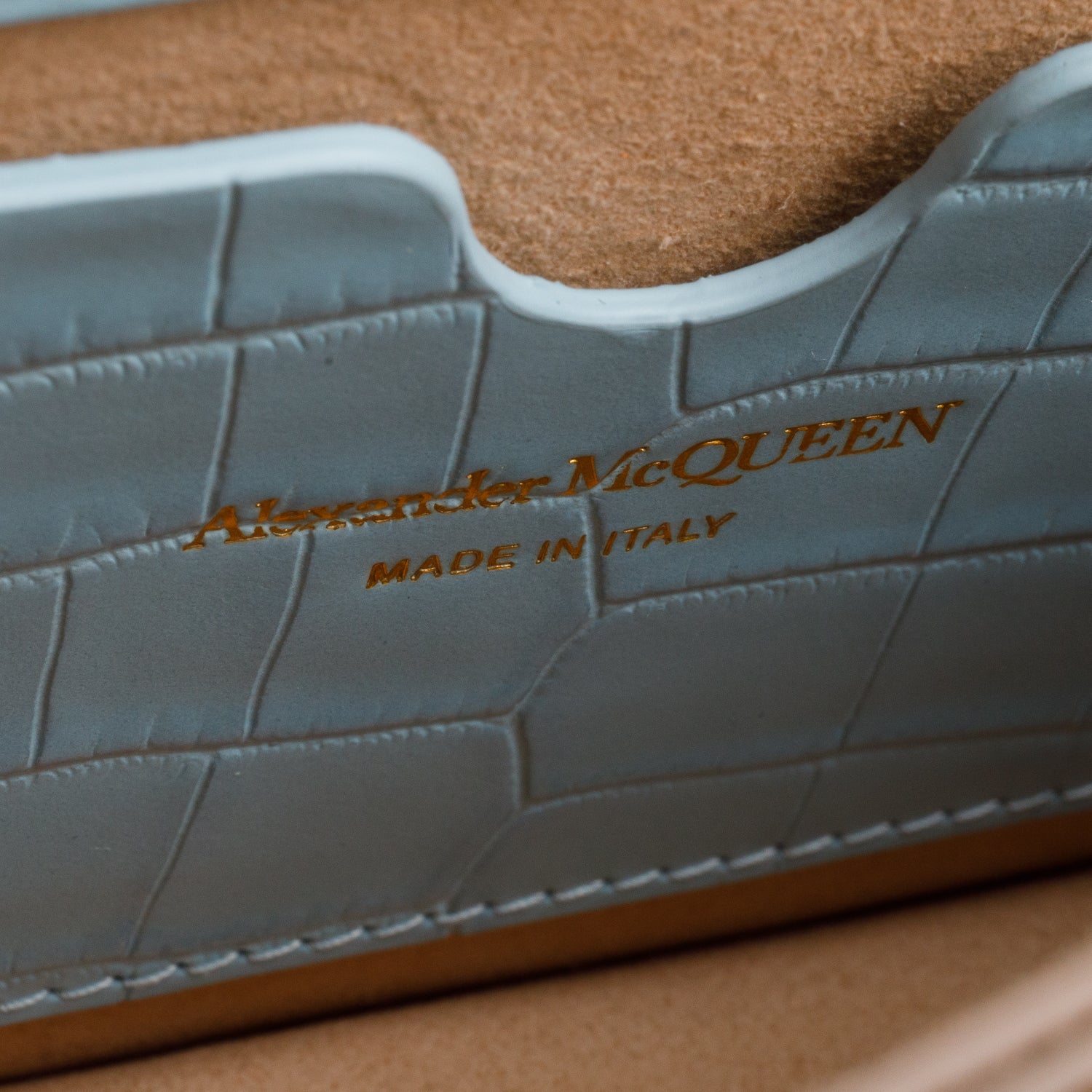 Alexander McQueen Blue Calfskin Croc Embossed Jeweled Knuckle Satchel