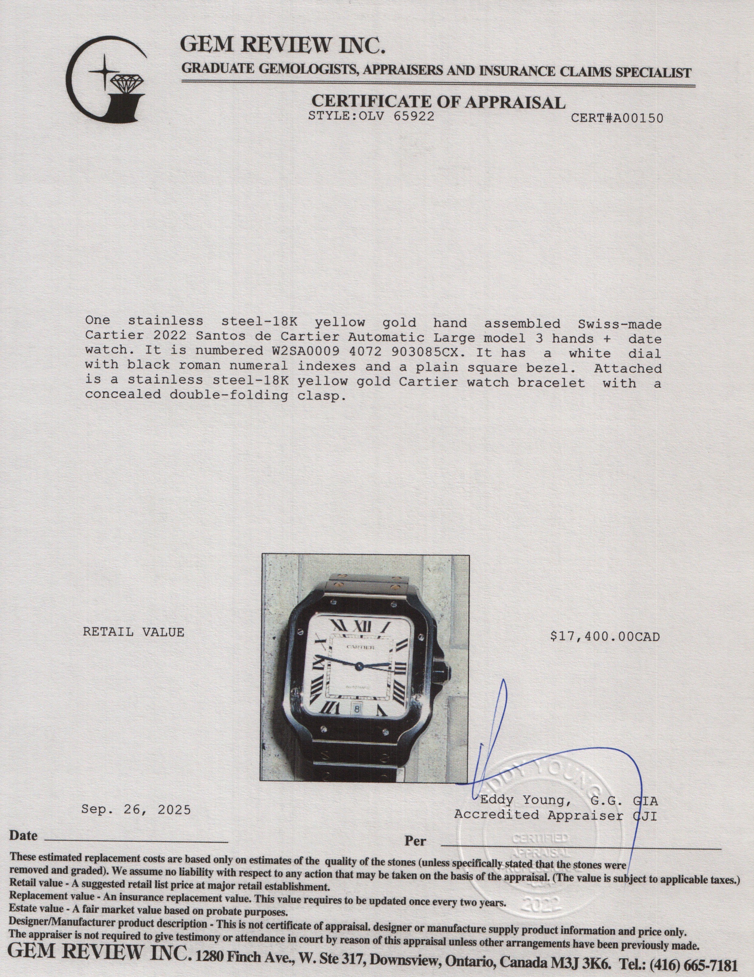 Cartier 2022 Stainless Steel & 18k Yellow Gold Santos de Cartier Automatic Watch, Large Model 4072 w/ Box, Papers & Extra Strap