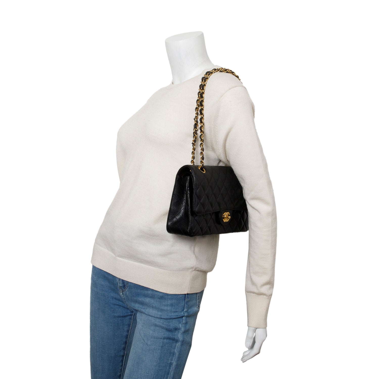 Chanel 2023 Black Quilted Caviar Leather Classic Medium Double Flap Bag w/ Box