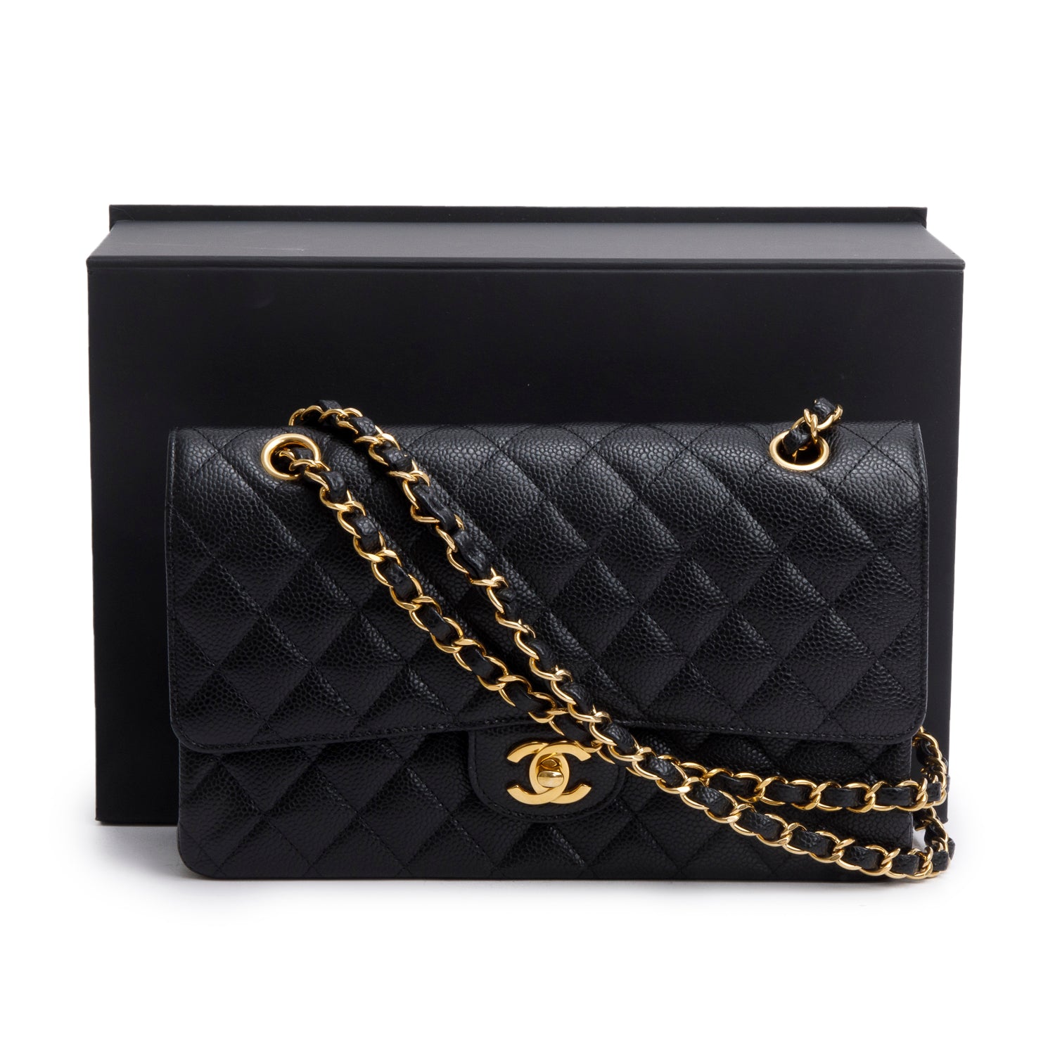 Chanel 2023 Black Quilted Caviar Leather Classic Medium Double Flap Bag w/ Box