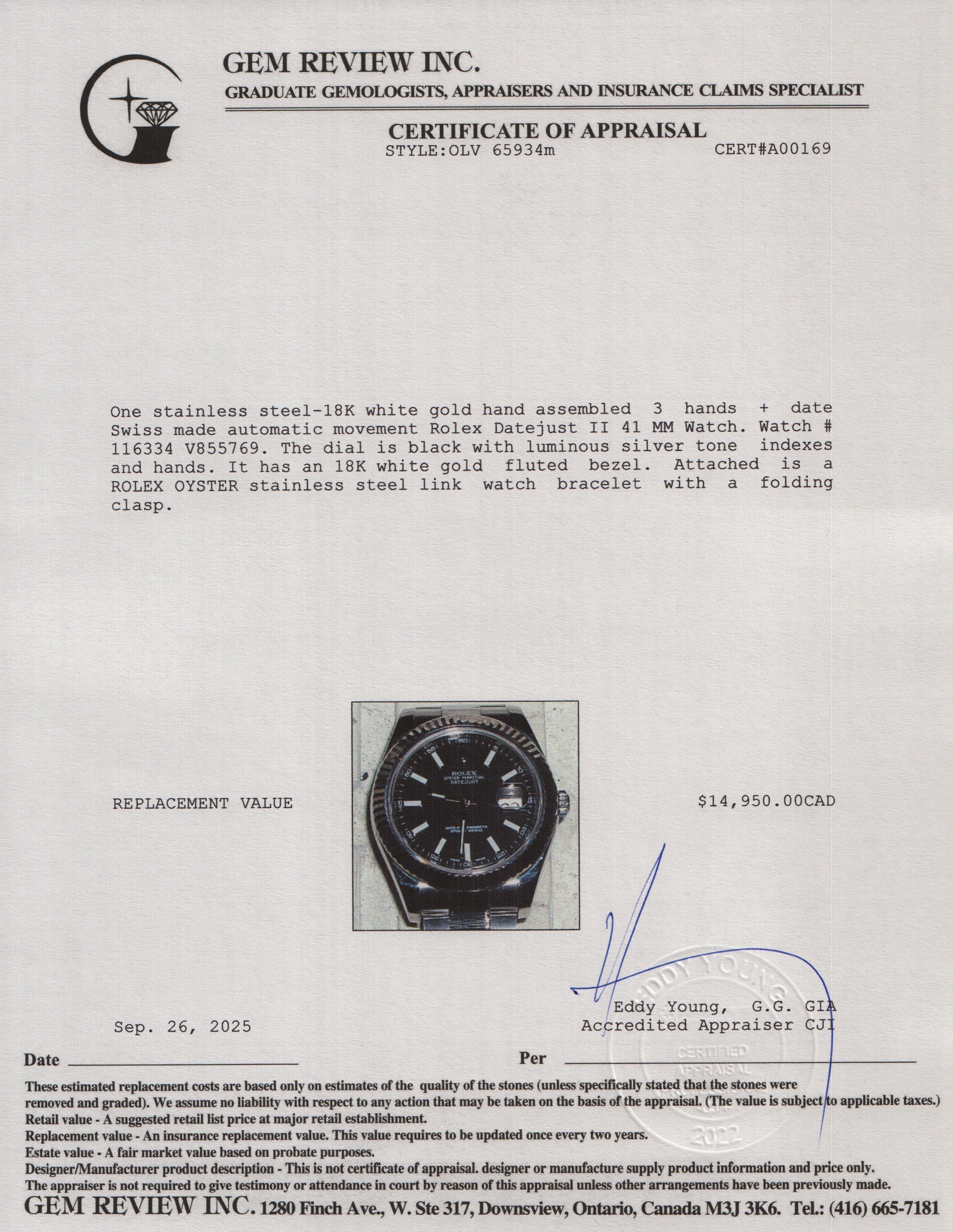 Rolex Stainless Steel Datejust II 41 MM Automatic Watch Black Dial 116334 w/ Box & Papers