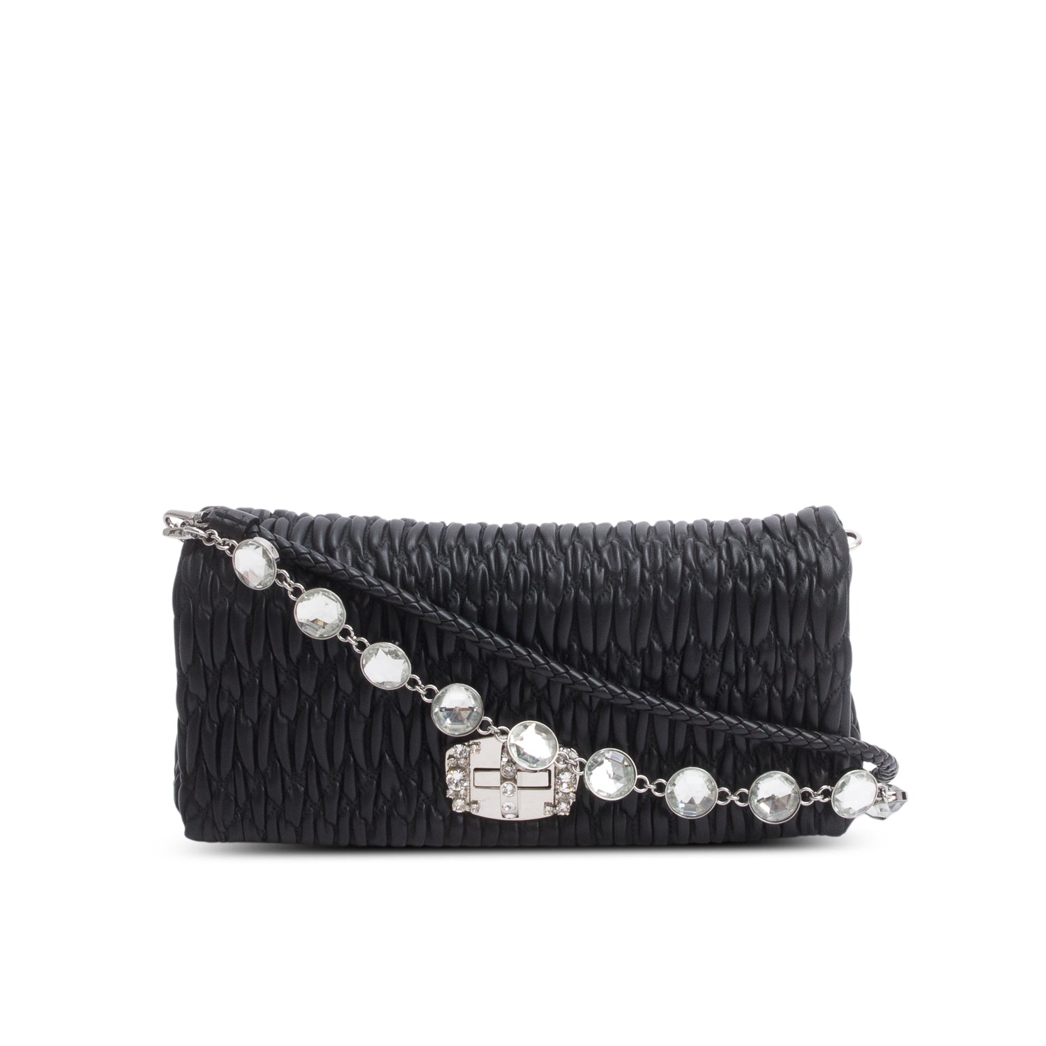 Miu Miu Black Nappa Matelasse Crystal Flap Clutch Bag w/ Straps & Authenticity Card