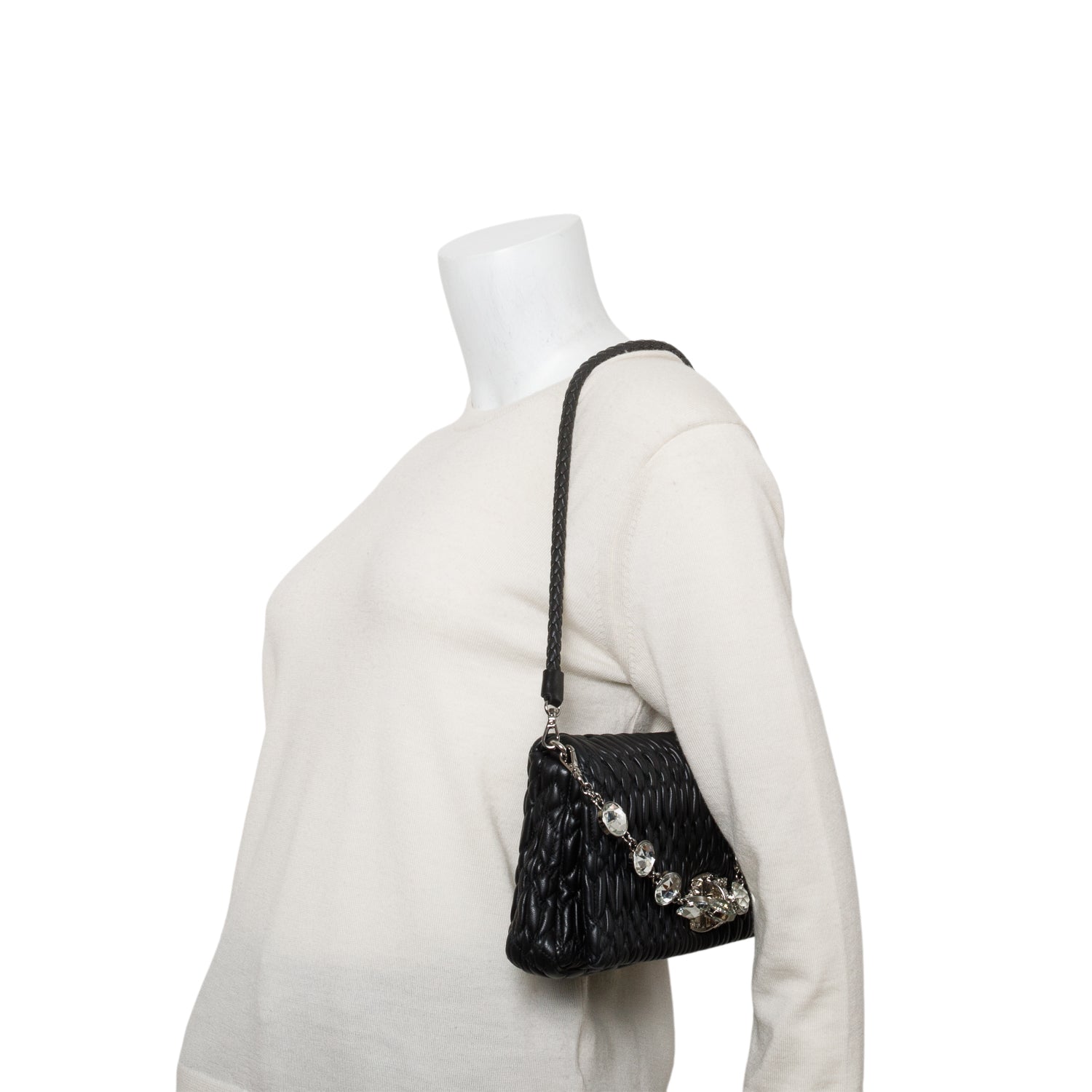 Miu Miu Black Nappa Matelasse Crystal Flap Clutch Bag w/ Straps & Authenticity Card