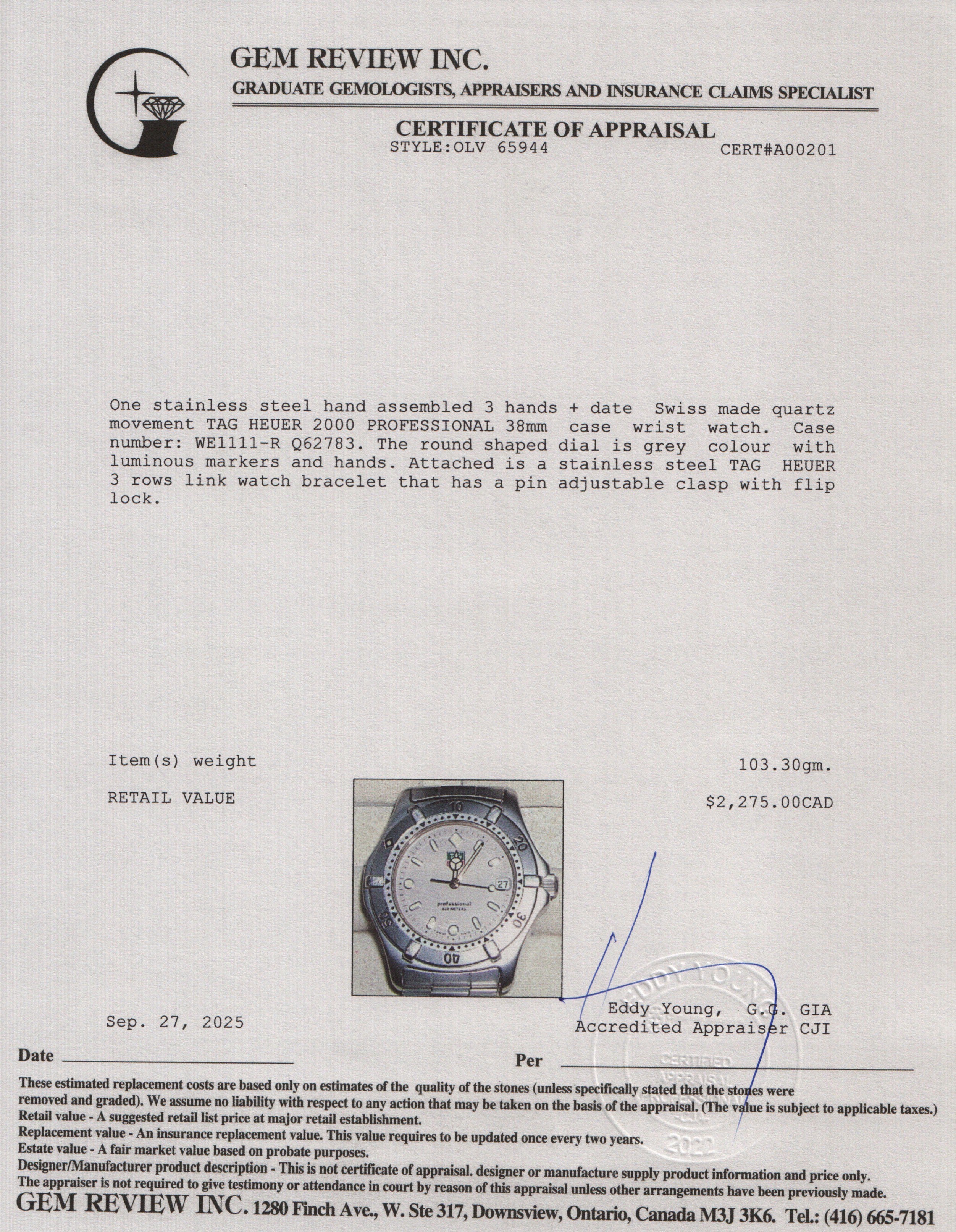 Tag Heuer Stainless Steel 2000 Professional 38 MM Quartz Watch Grey Dial WE1111-R
