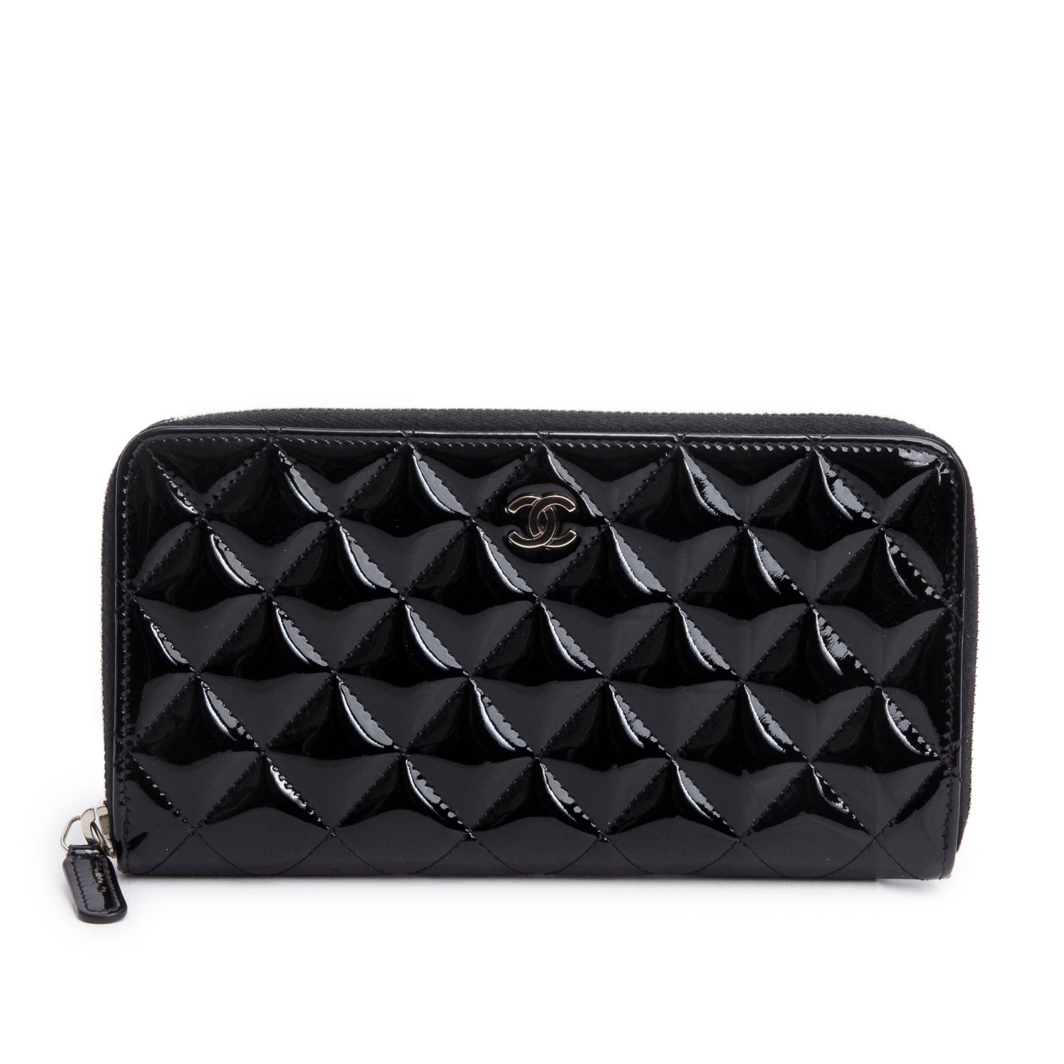 Chanel Black Patent Leather Calfskin Quilted Large Gusset Zip Around Wallet w/ Authenticity Card