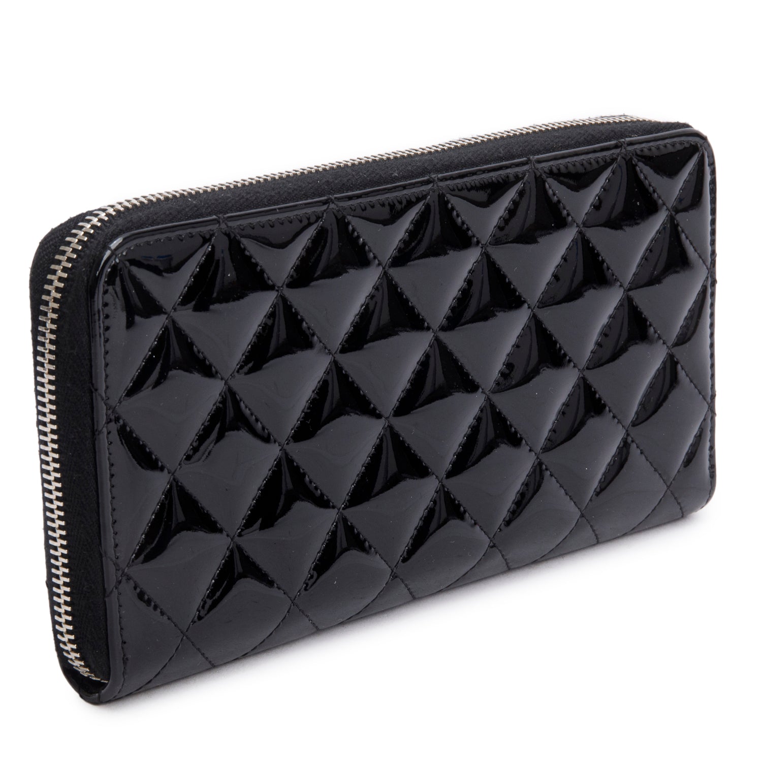 Chanel Black Patent Leather Calfskin Quilted Large Gusset Zip Around Wallet w/ Authenticity Card