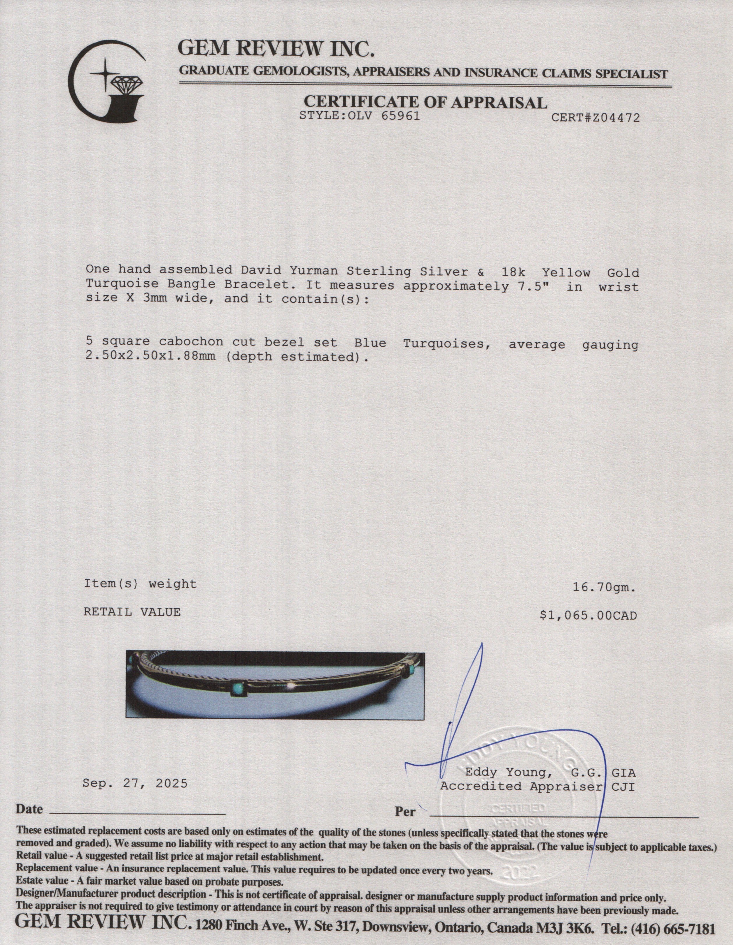 David Yurman Sterling Silver & 18k Yellow Gold Turquoise Bangle Bracelet