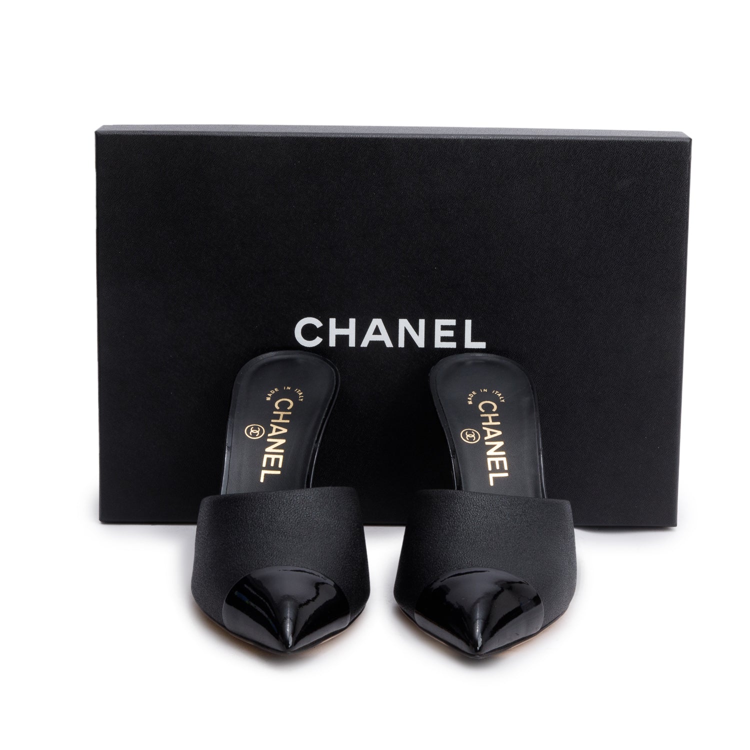 Chanel Black Calfskin Grosgrain Cap Toe Pearl Mule, Size 38 w/ Box