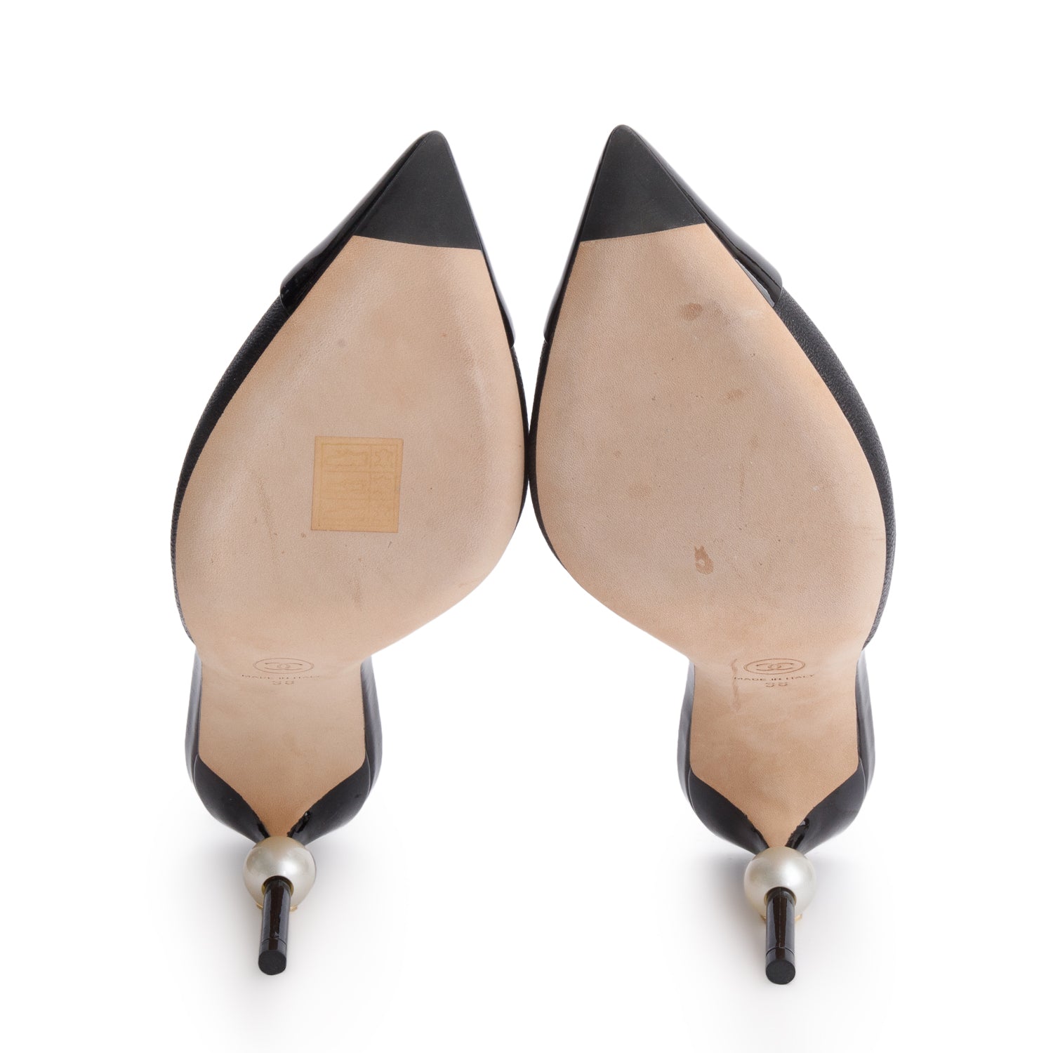 Chanel Black Calfskin Grosgrain Cap Toe Pearl Mule, Size 38 w/ Box