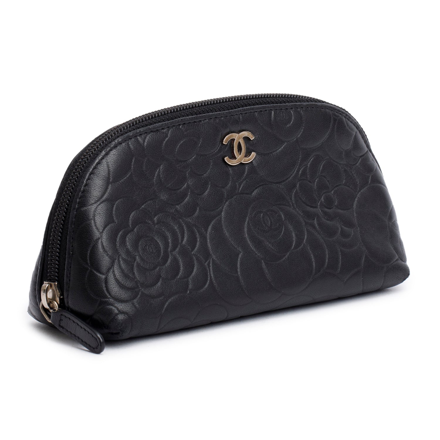 Chanel Black Lambskin Camellia Embossed Cosmetic Case