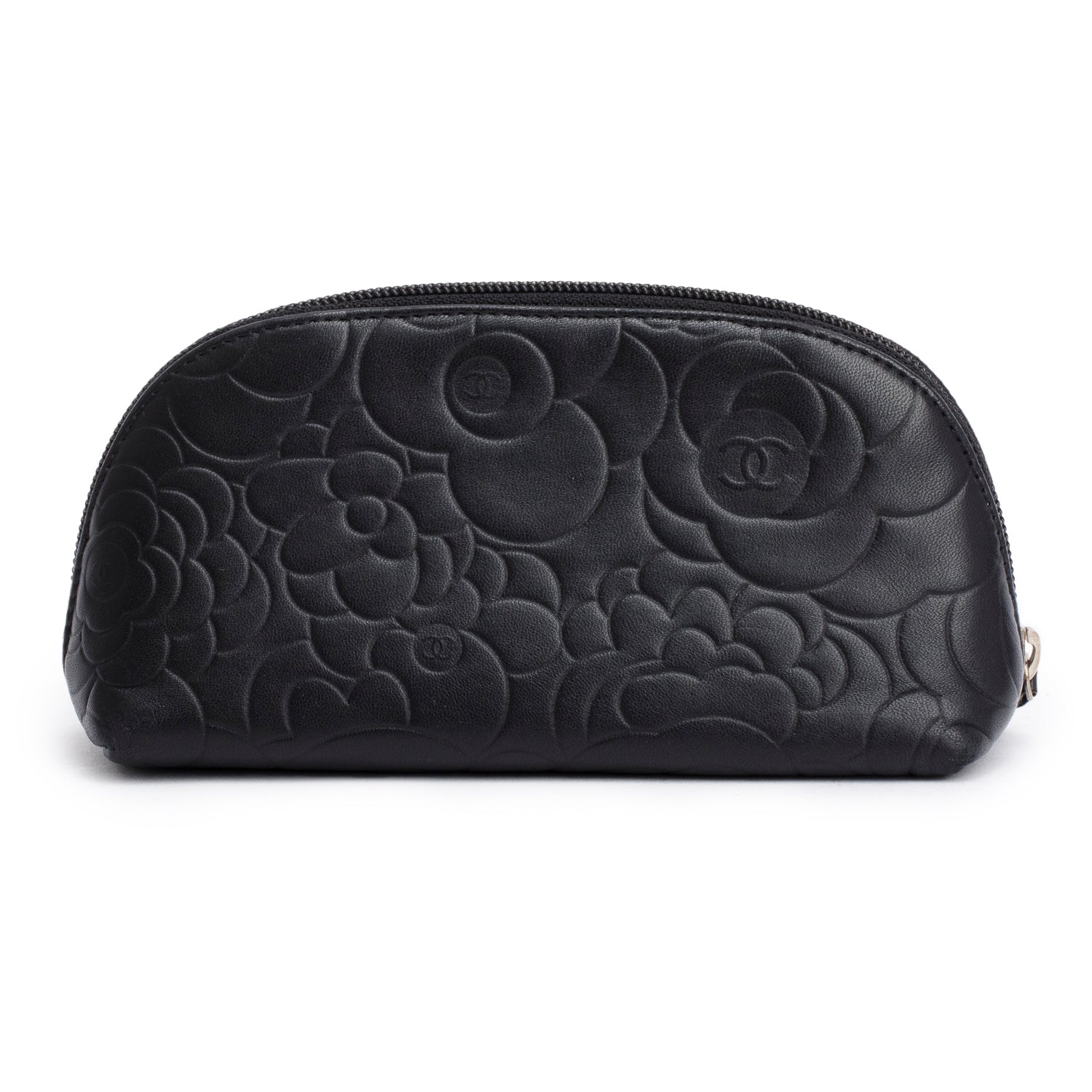 Chanel Black Lambskin Camellia Embossed Cosmetic Case