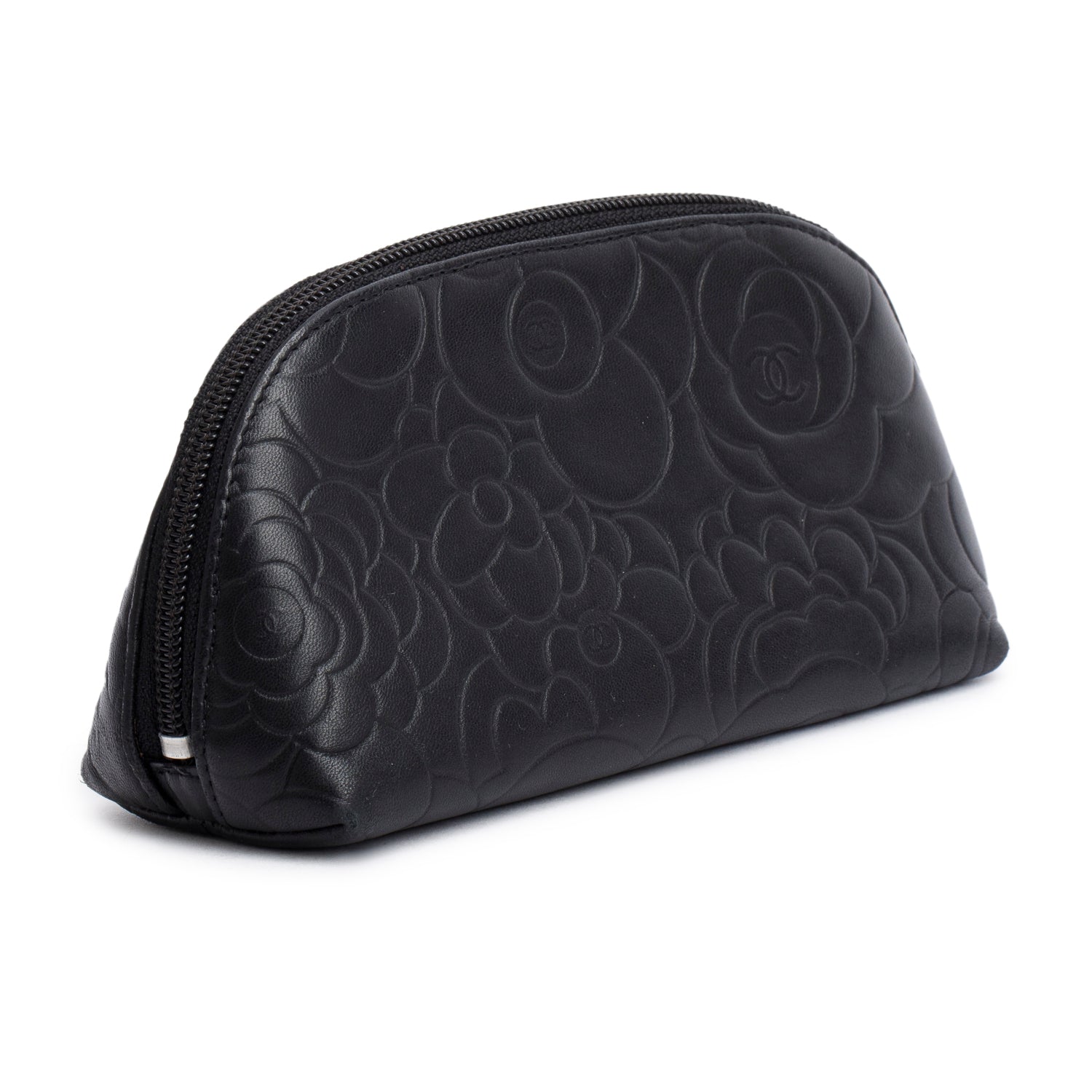Chanel Black Lambskin Camellia Embossed Cosmetic Case