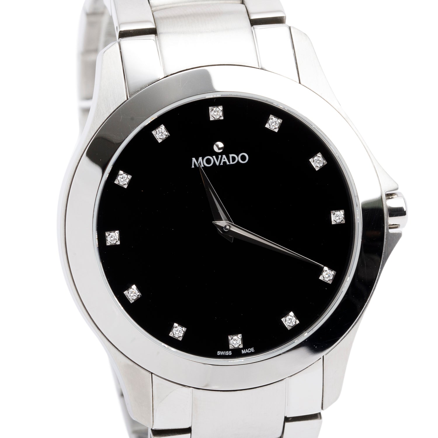 Movado Stainless Steel Masino 40 MM Quartz Watch Black Diamond Dial w/ Box