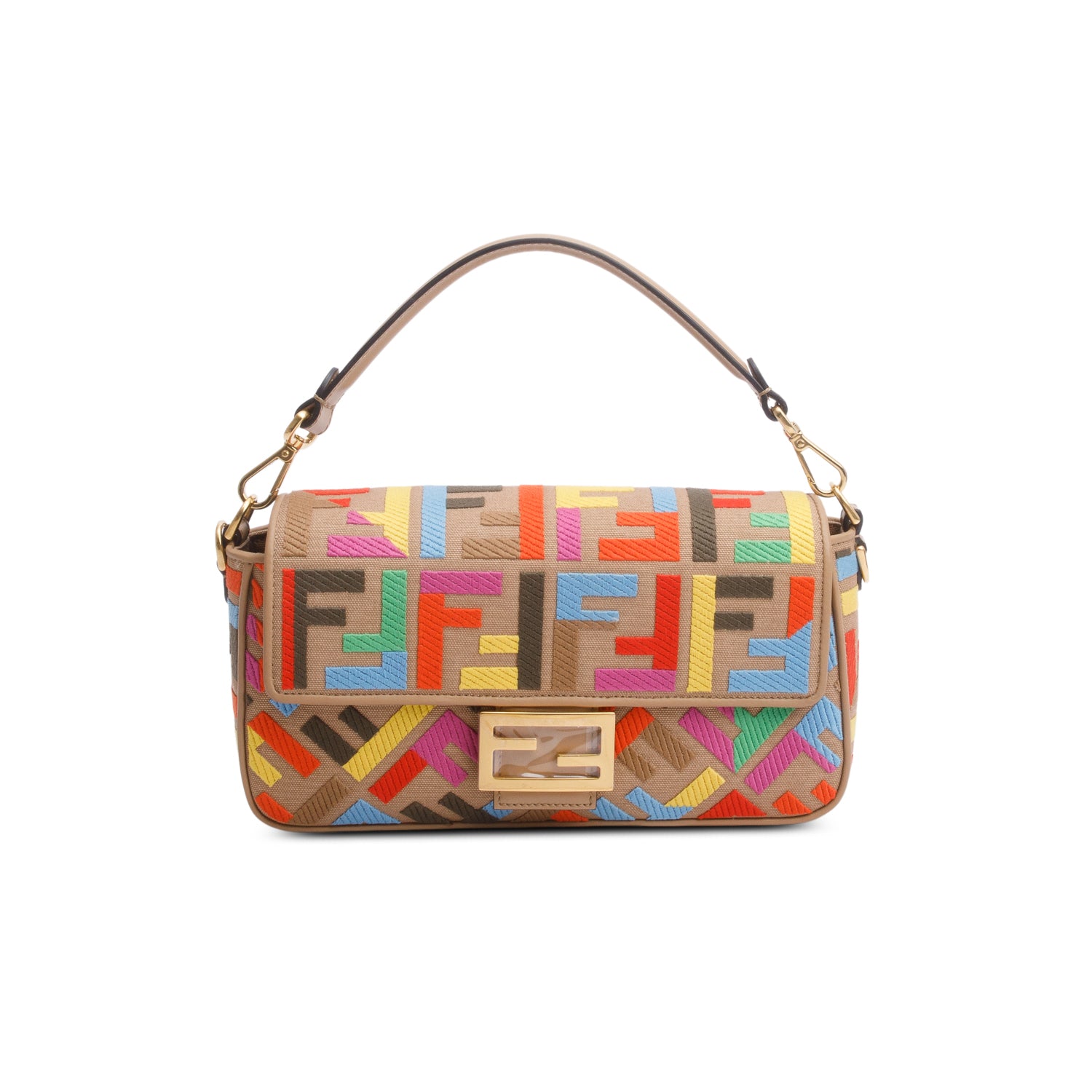 Fendi Multicolor Canvas Vitello King FF Embroidered Baguette w/ Straps