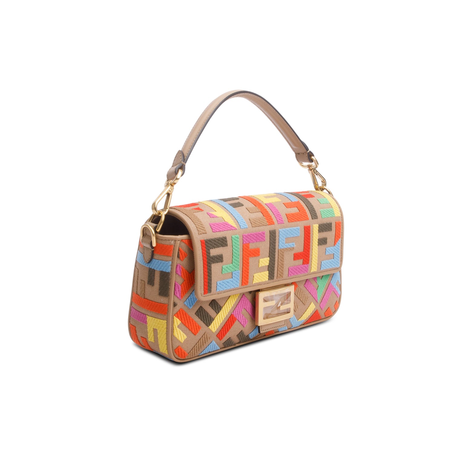 Fendi Multicolor Canvas Vitello King FF Embroidered Baguette w/ Straps