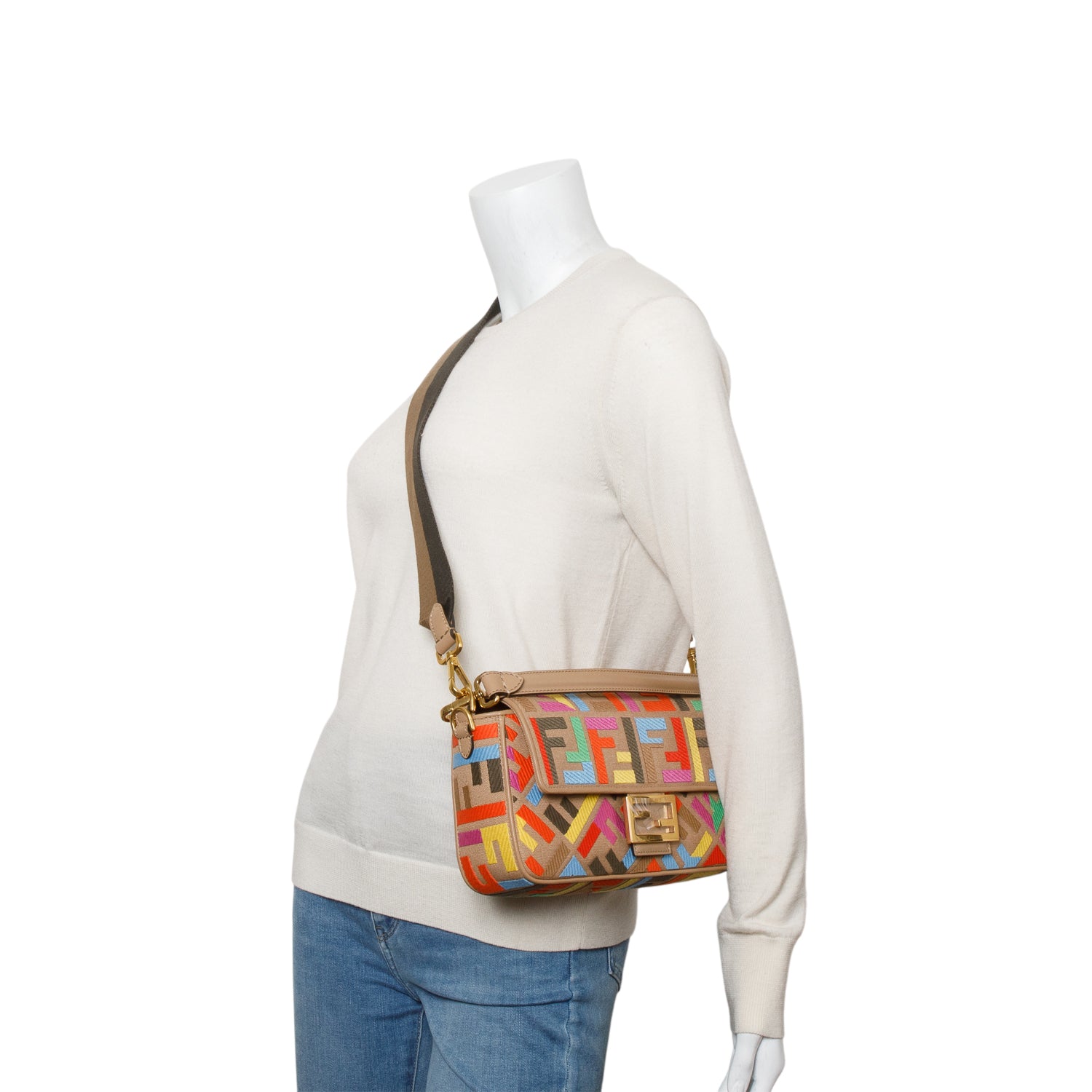 Fendi Multicolor Canvas Vitello King FF Embroidered Baguette w/ Straps