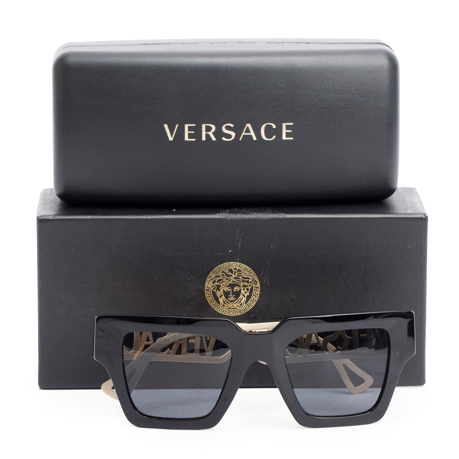 Versace 4431 Black Acetate Gold-Tone Metal Greca Logo Square Sunglasses w/ Box & Case