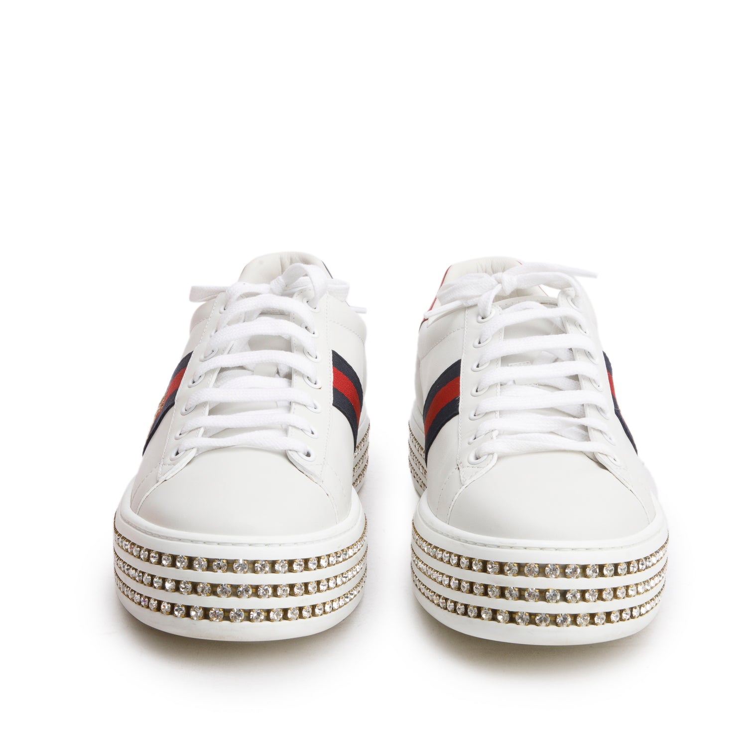Gucci White Calfskin Web Bee Embroidered Crystal Platform Ace Sneakers, Size 41 w/ Box