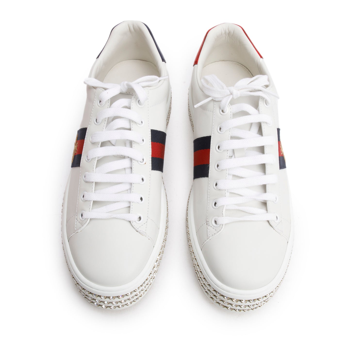 Gucci White Calfskin Web Bee Embroidered Crystal Platform Ace Sneakers, Size 41 w/ Box