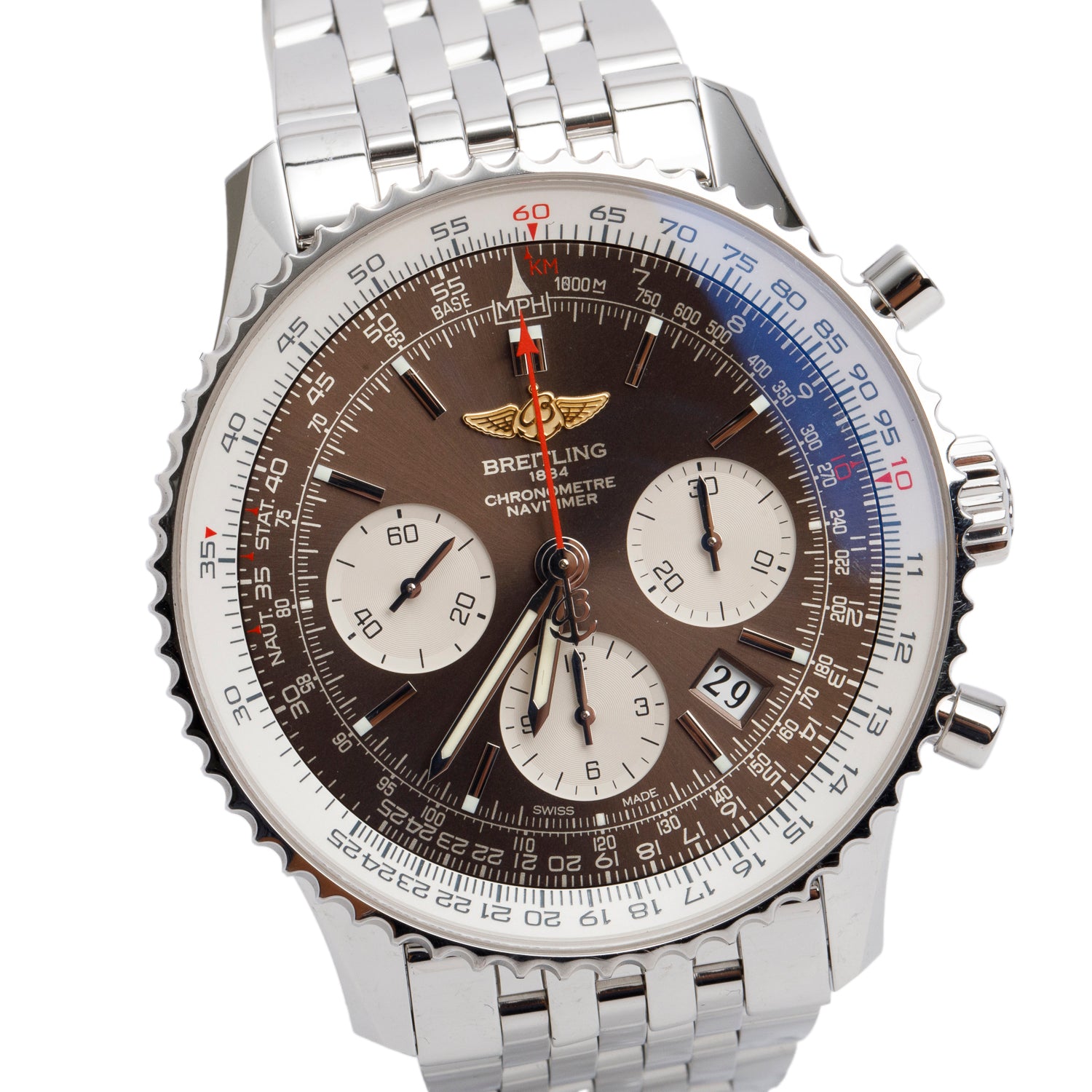 Breitling Limited Edition Stainless Steel Navitimer 01 Panamerican 43 MM Automatic Chronograph Watch Bronze Dial AB0121 w/ Leather Case