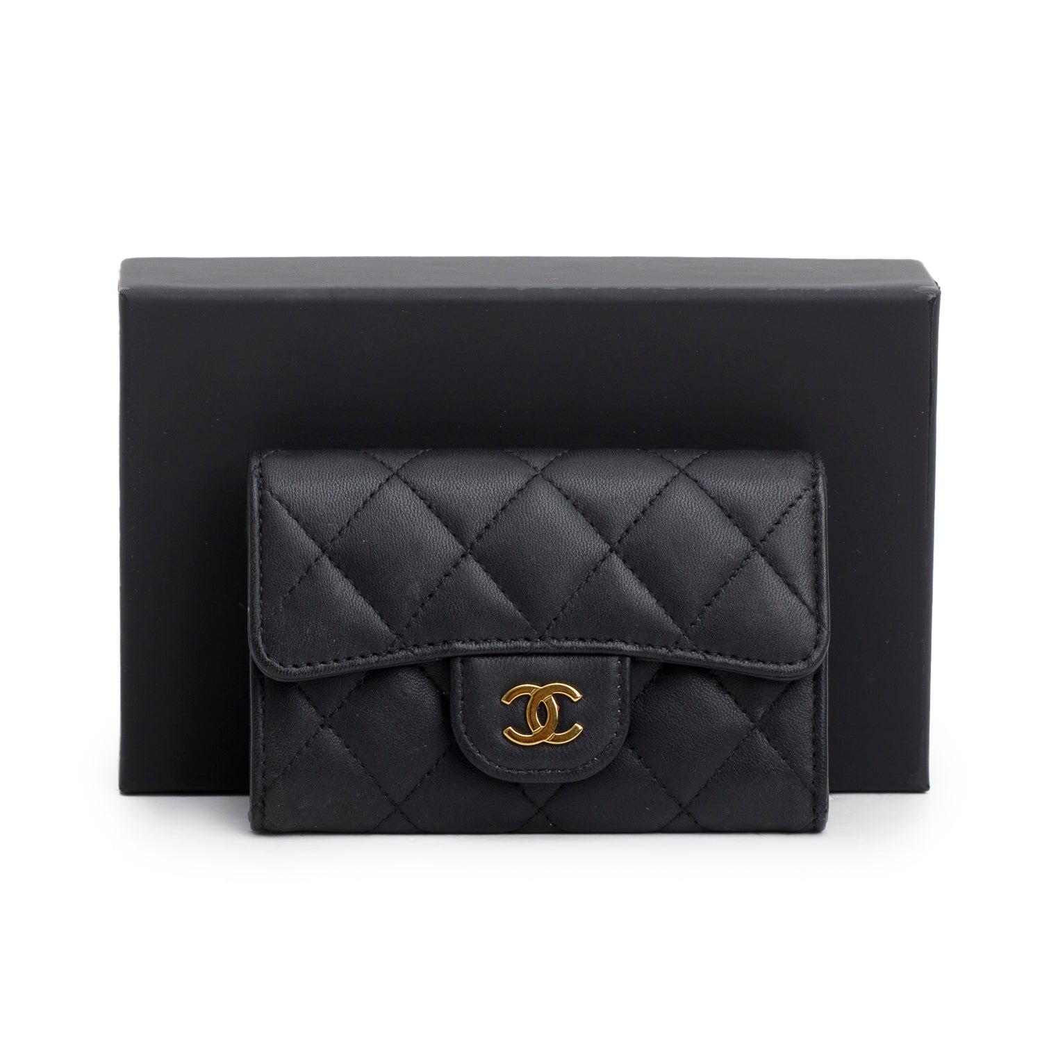 Chanel Black Lambskin Quilted Flap Card Holder w/ Box