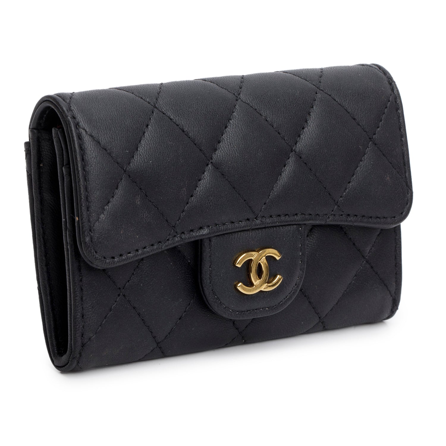 Chanel Black Lambskin Quilted Flap Card Holder w/ Box