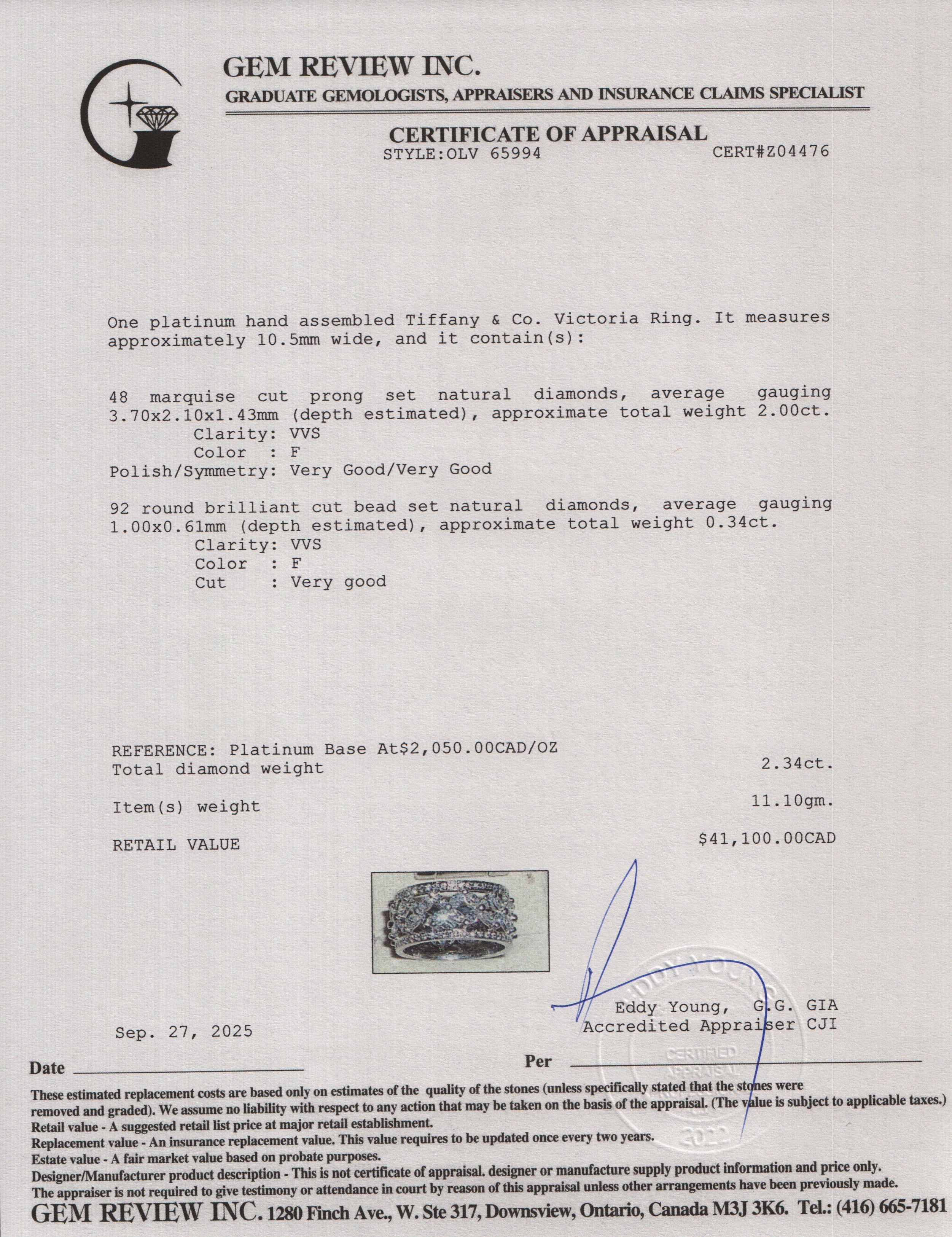 Tiffany & Co. Platinum Diamond Victoria Ring, Size 8 w/ Box