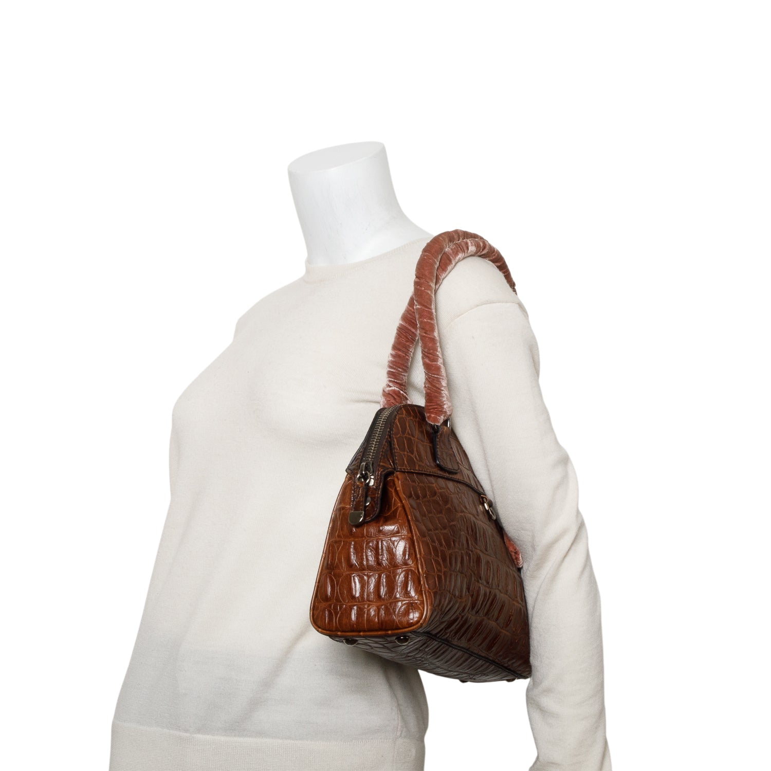 Miu Miu Brown Croc Embossed Leather Bauletto Bag