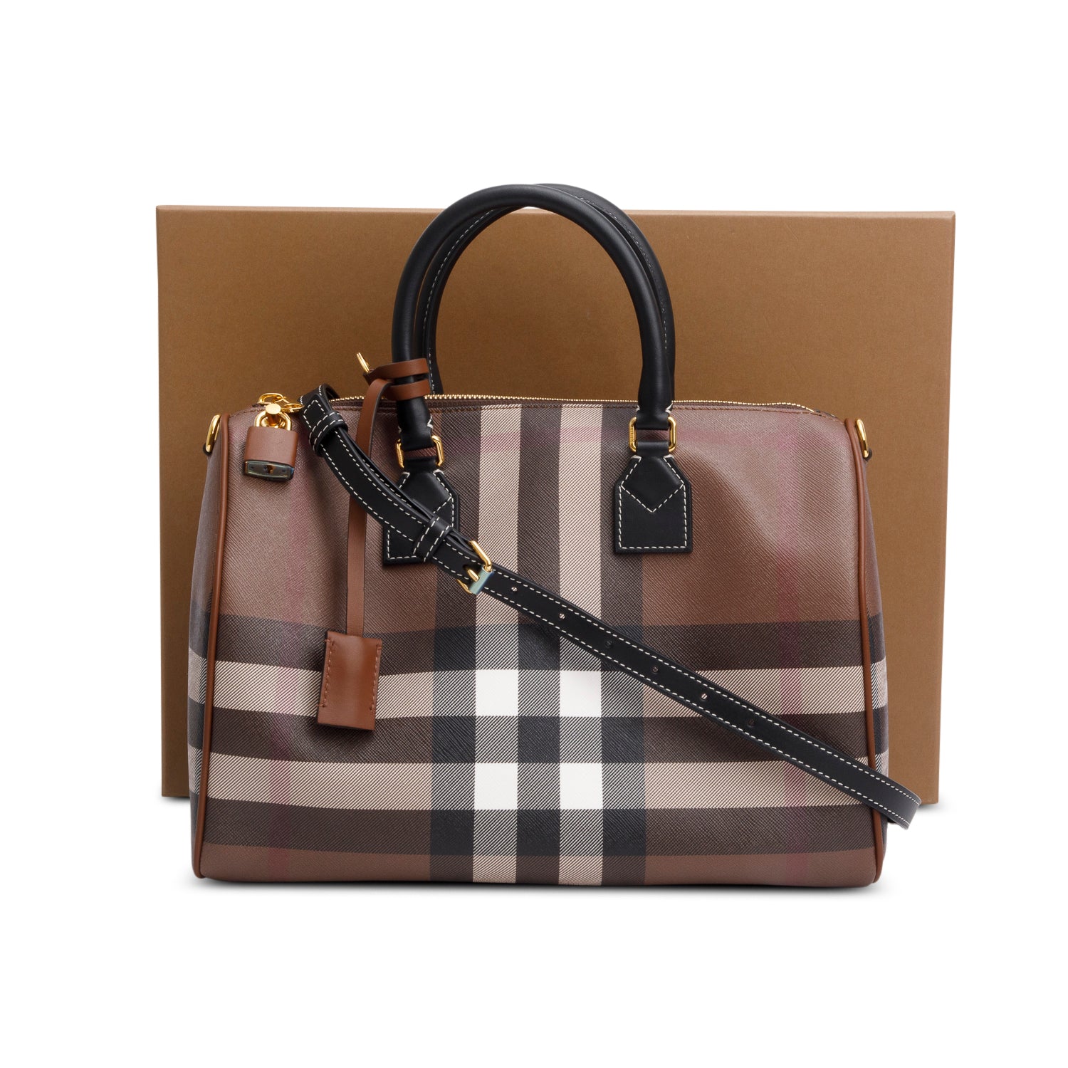 Burberry Brown Medium Check Bowling Bag w/ Box & Strap