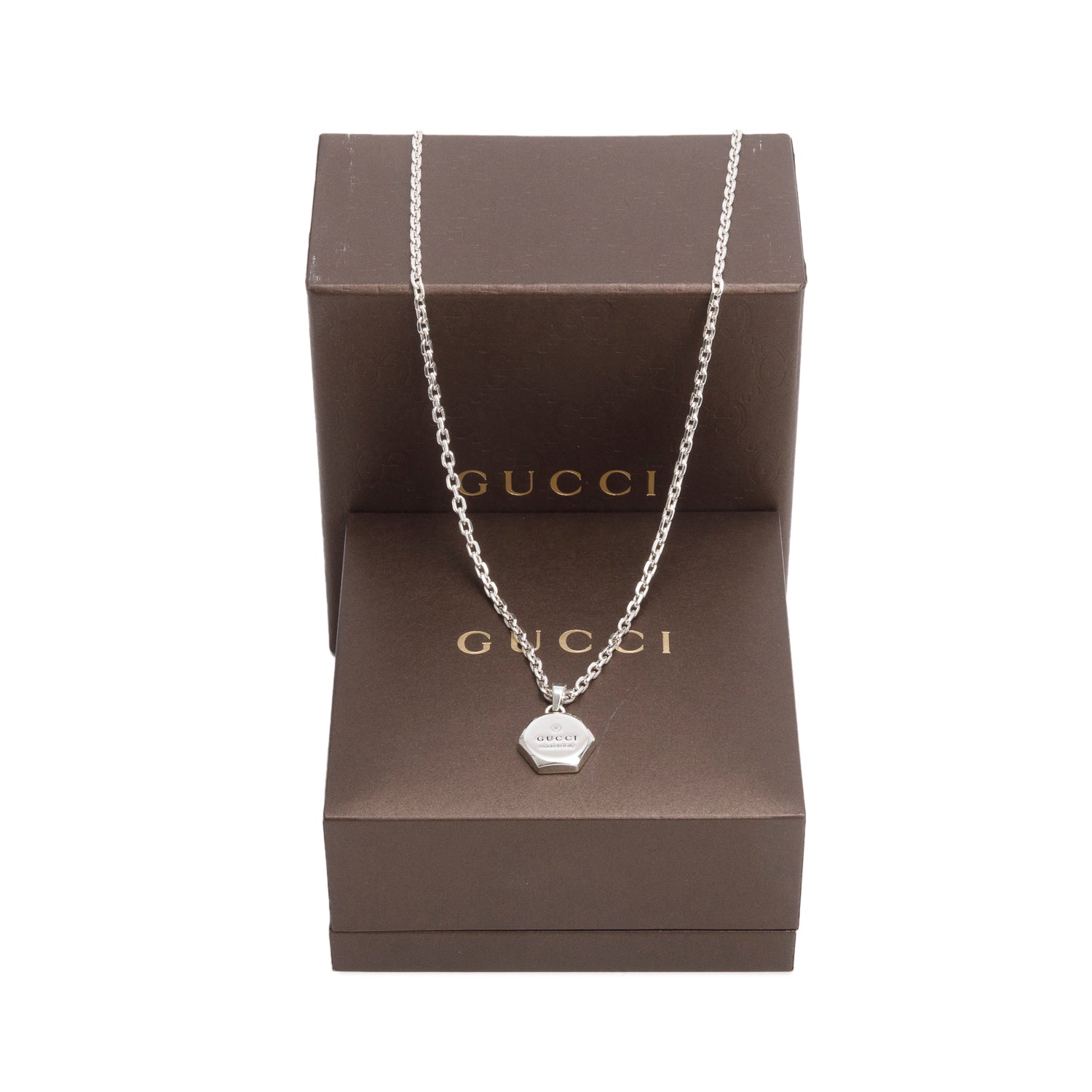 Gucci Sterling Silver Trademark Pendant Necklace w/ Box