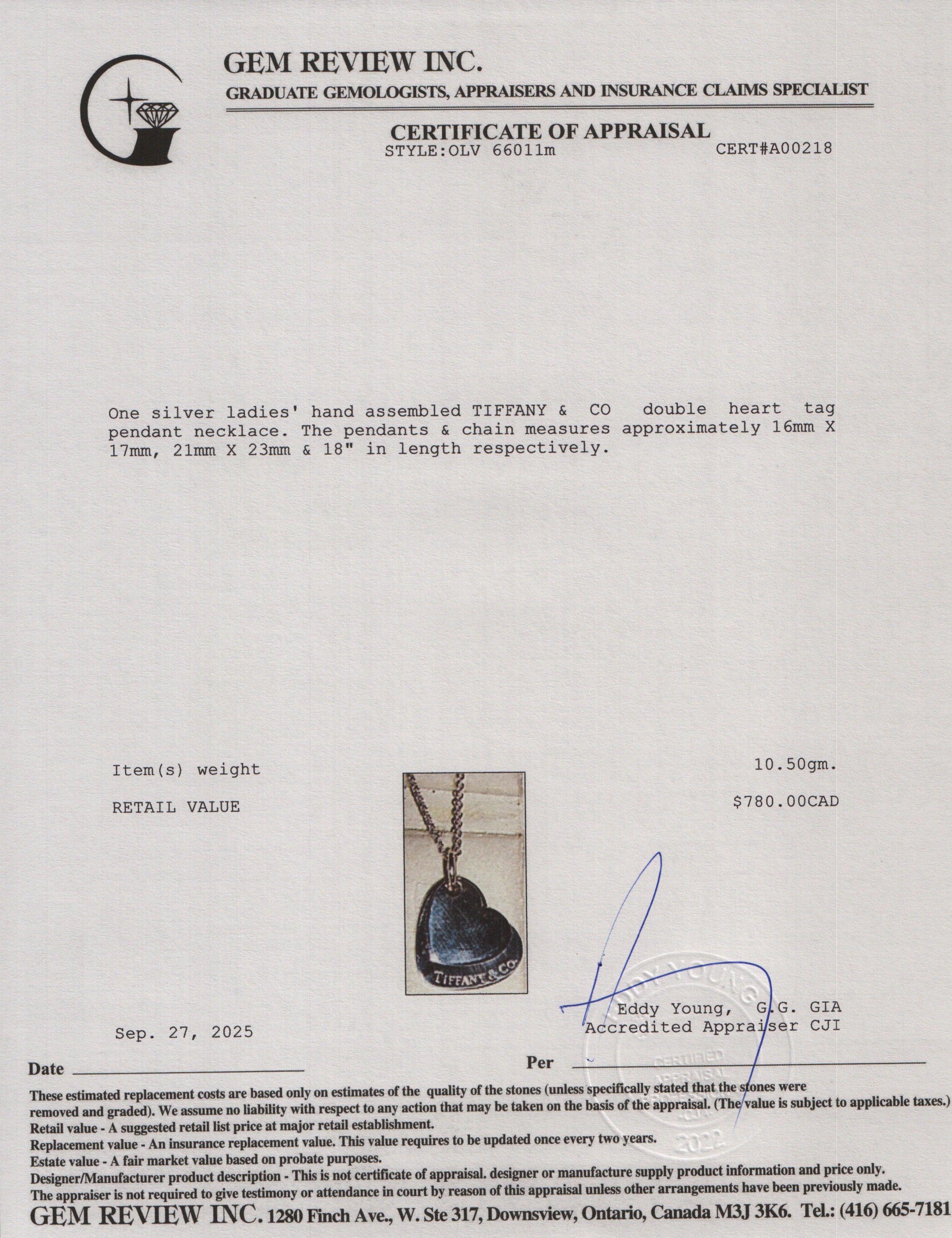 Tiffany & Co. Sterling Silver Double Heart Tag Pendant Necklace