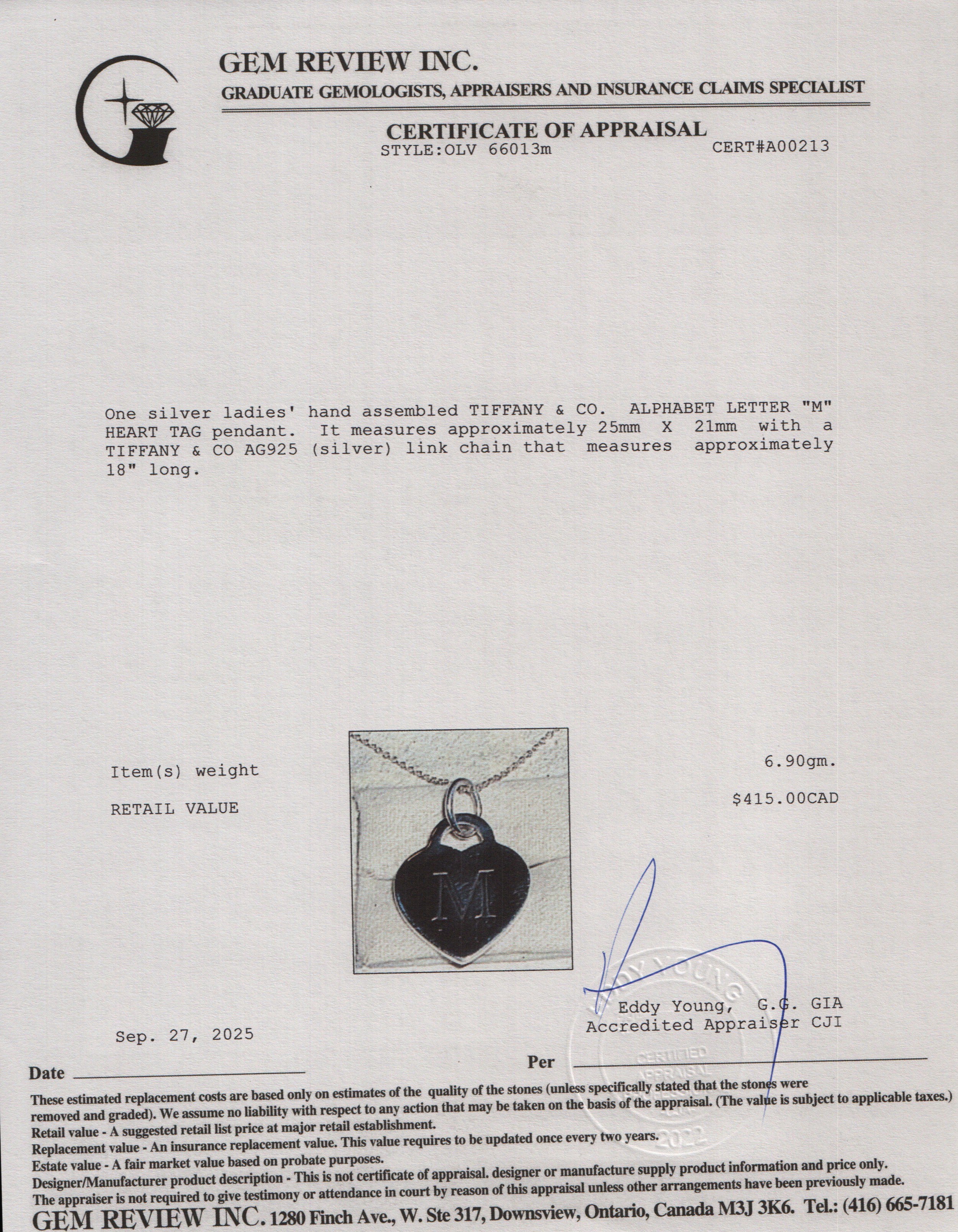 Tiffany & Co. Sterling Silver Letter 'M' Medium Heart Tag Pendant Necklace