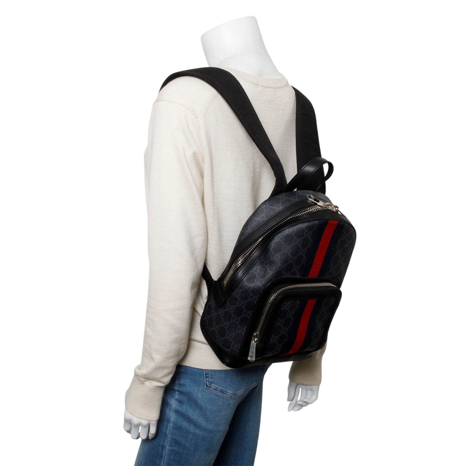 Gucci Black GG Supreme Monogram Calfskin Web Small Ophidia Day Backpack w/ Box