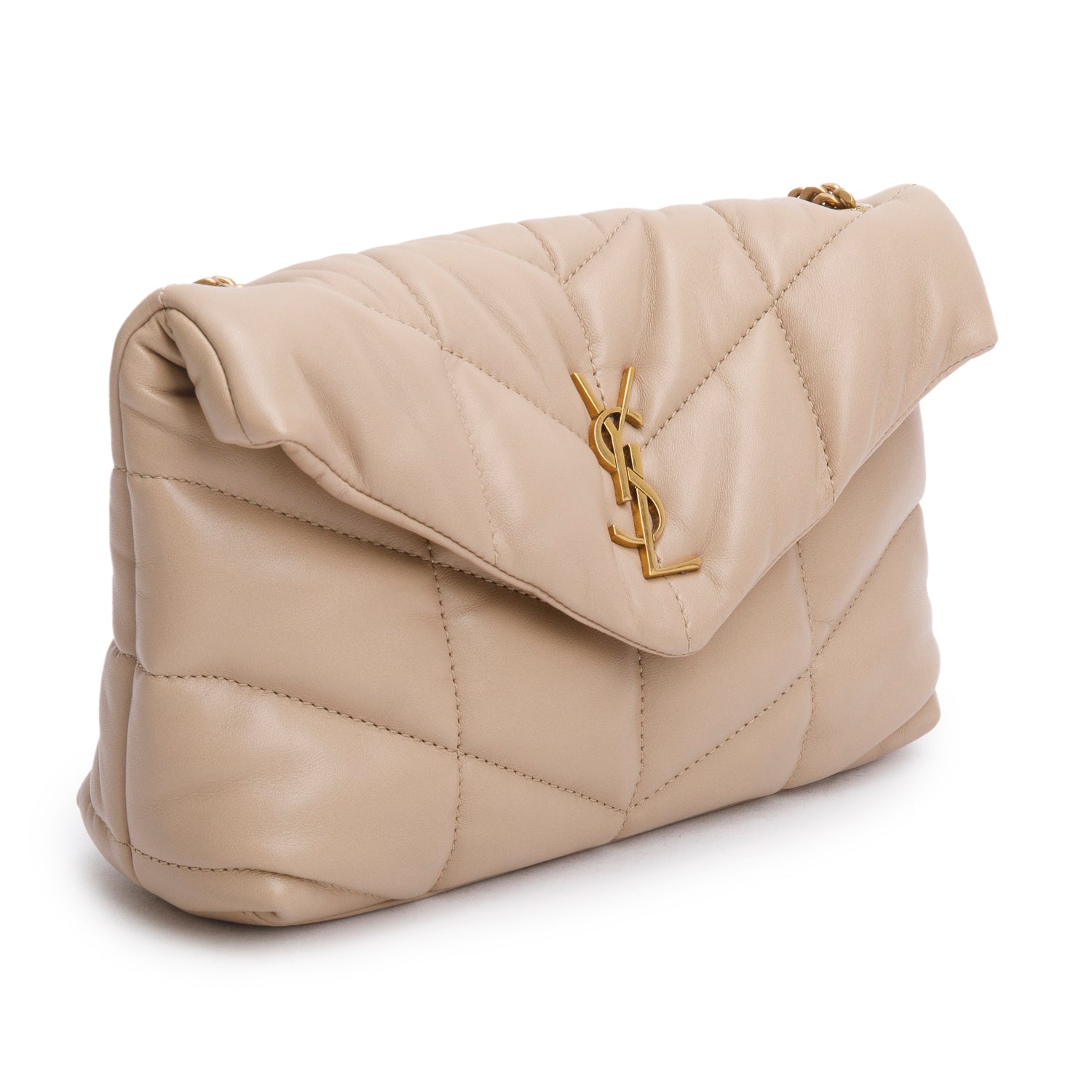 Saint Laurent 2020 Dark Beige Lambskin Quilted Toy Loulou Monogram Chain Satchel w/ Box