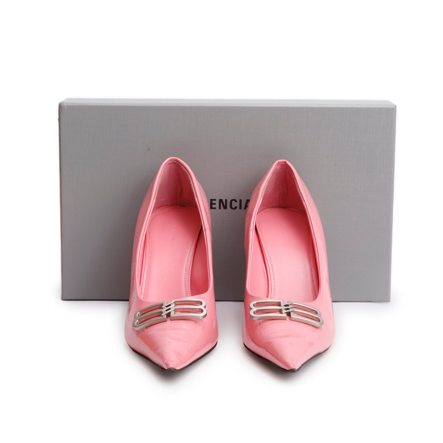 Balenciaga Pink Shiny Calfskin BB Square Knife 80mm Pumps, Size 40 w/ Box