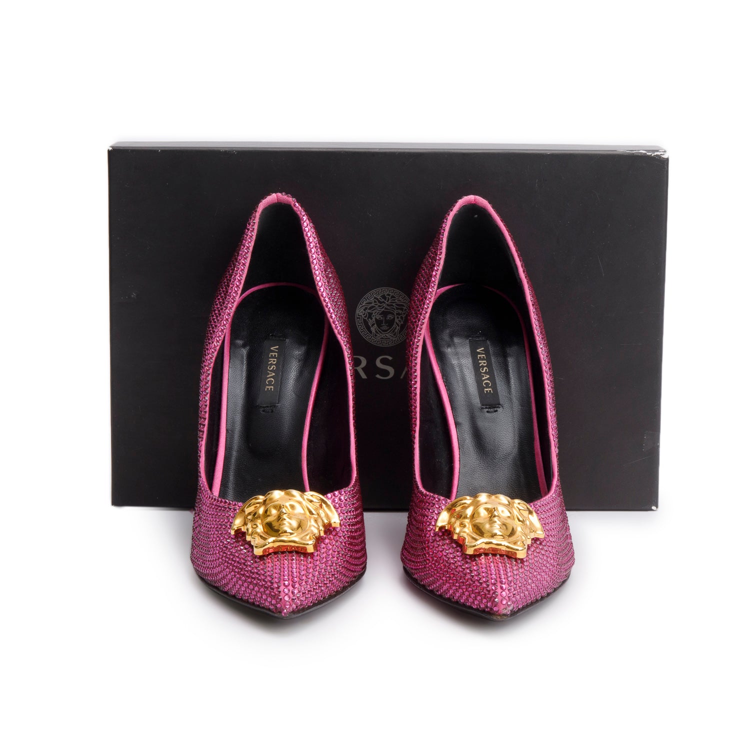 Versace Pink Crystal Medusa Pumps, Size 38.5 w/ Box