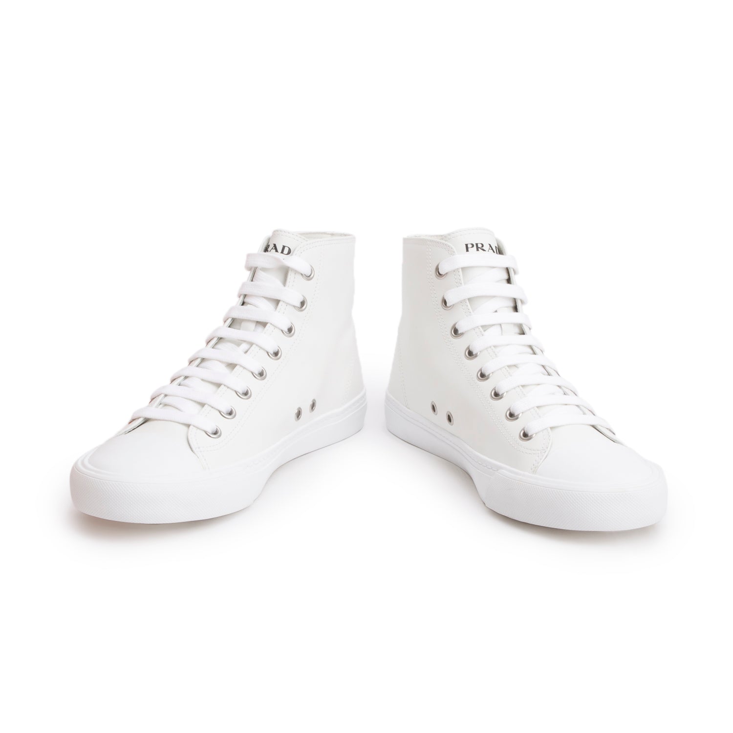 Prada White Vitello Plume Logo High Top Sneakers, Men's Size 9 w/ Box