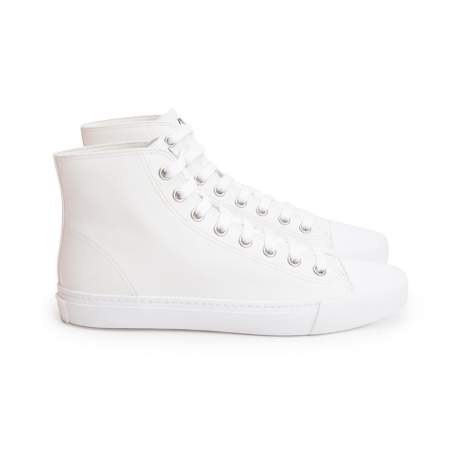 Prada White Vitello Plume Logo High Top Sneakers, Men's Size 9 w/ Box