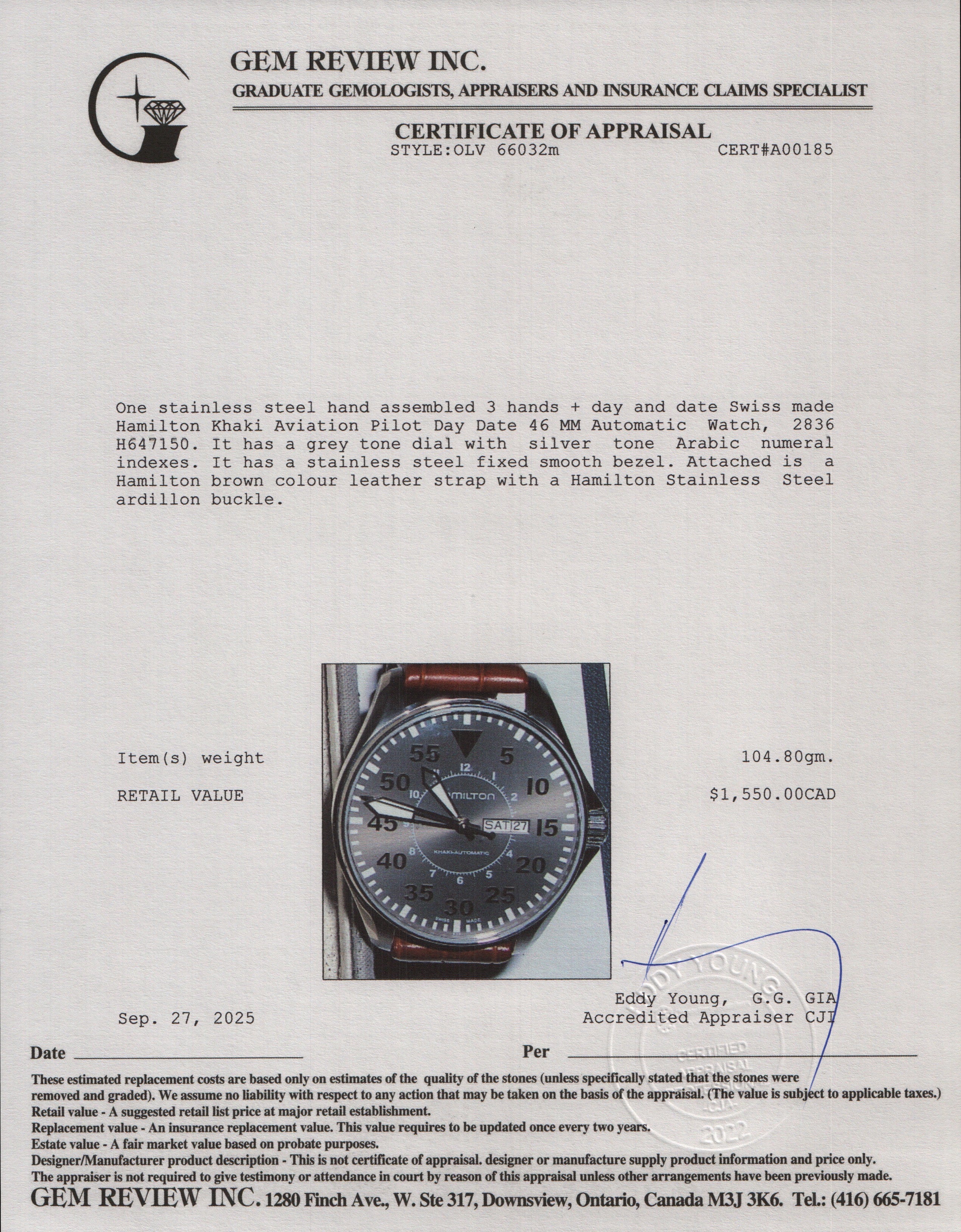 Hamilton Stainless Steel Khaki Aviation Pilot Day Date 46 MM Automatic Watch H647150 w/ Box & Papers