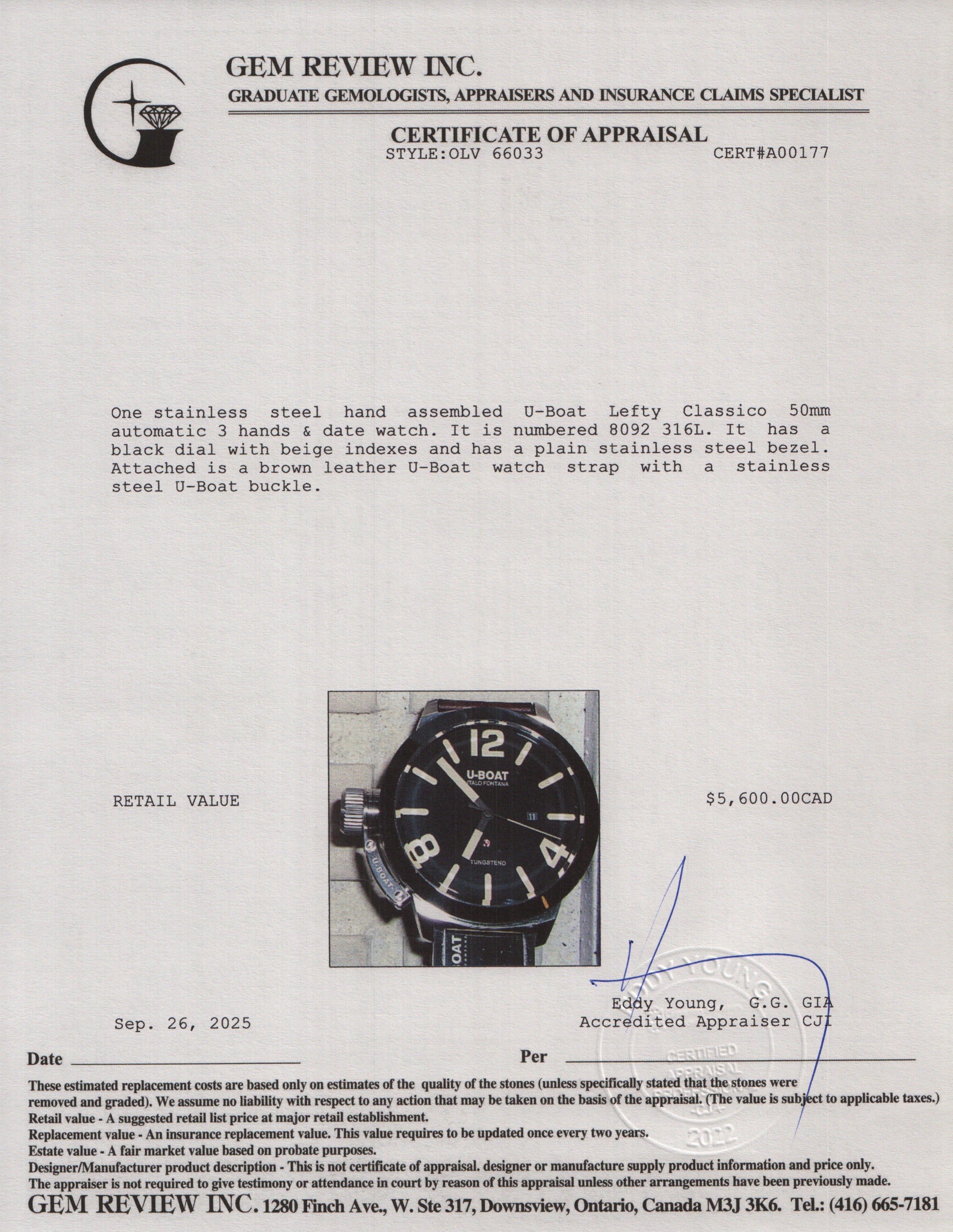 U-Boat Stainless Steel Lefty Classico 50 MM Automatic Watch w/ Box & Papers