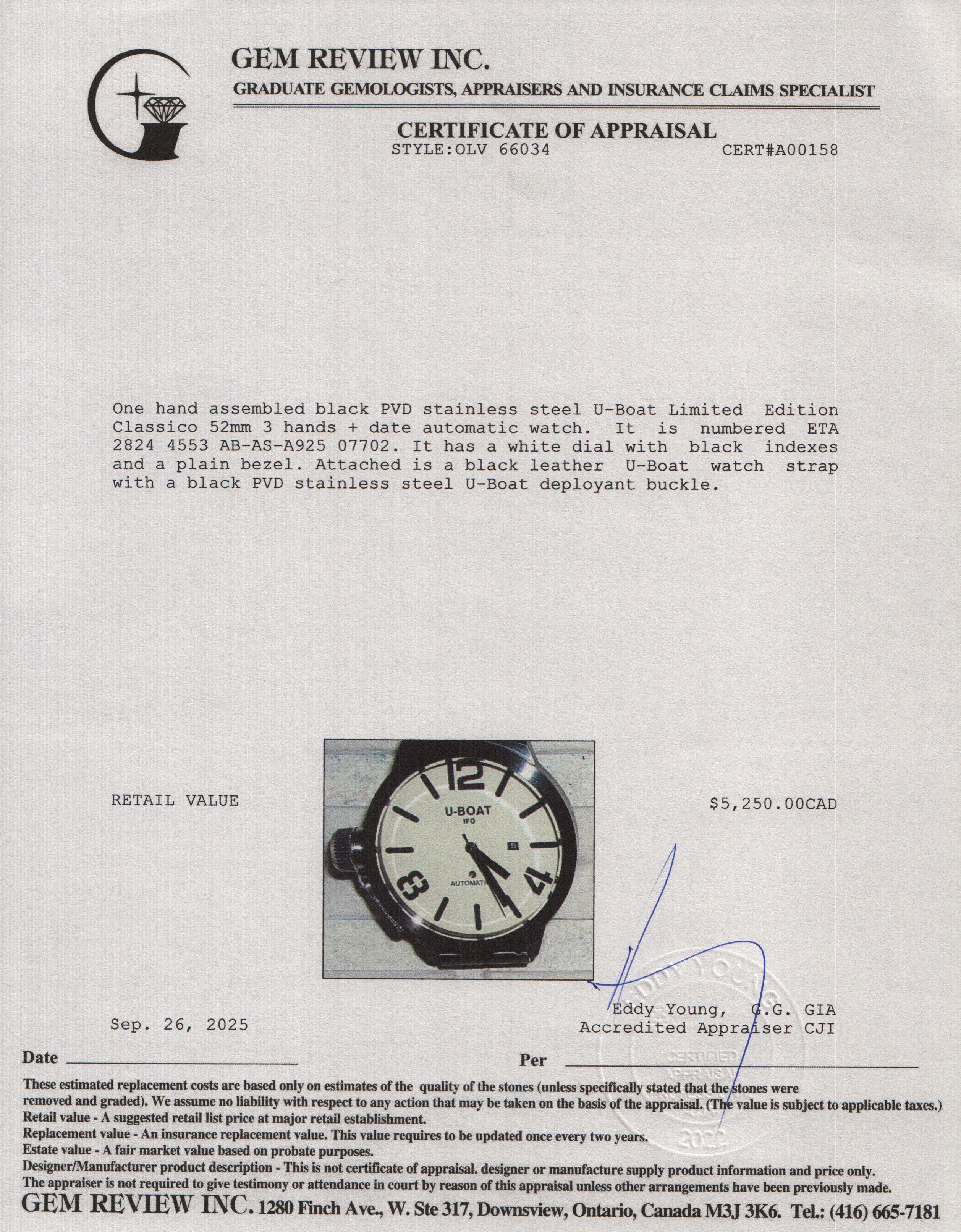 U-Boat Limited Edition Black PVD Stainless Steel Classico 52 MM Automatic Watch w/ Box & Papers