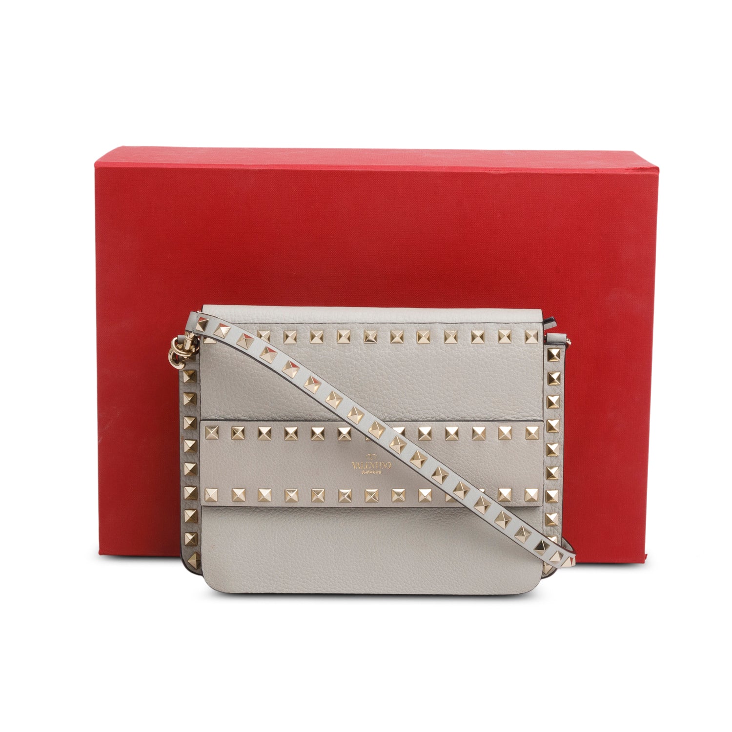 Valentino Grey Vitello Rockstud Side Slip Crossbody Bag w/ Box