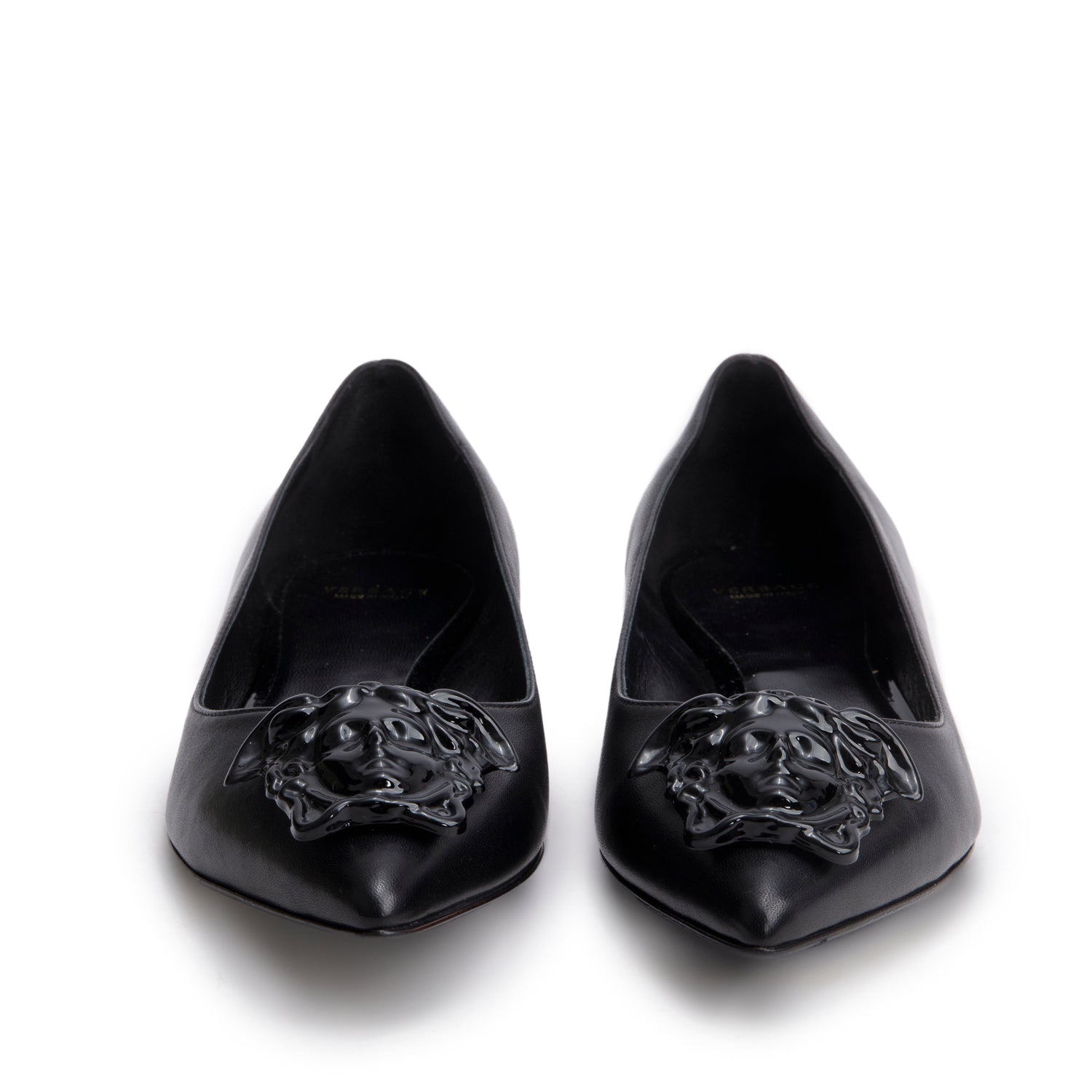 Versace Black Vitello Leather Medusa Insignia Ballerina Shoes, Size 38.5 w/ Box