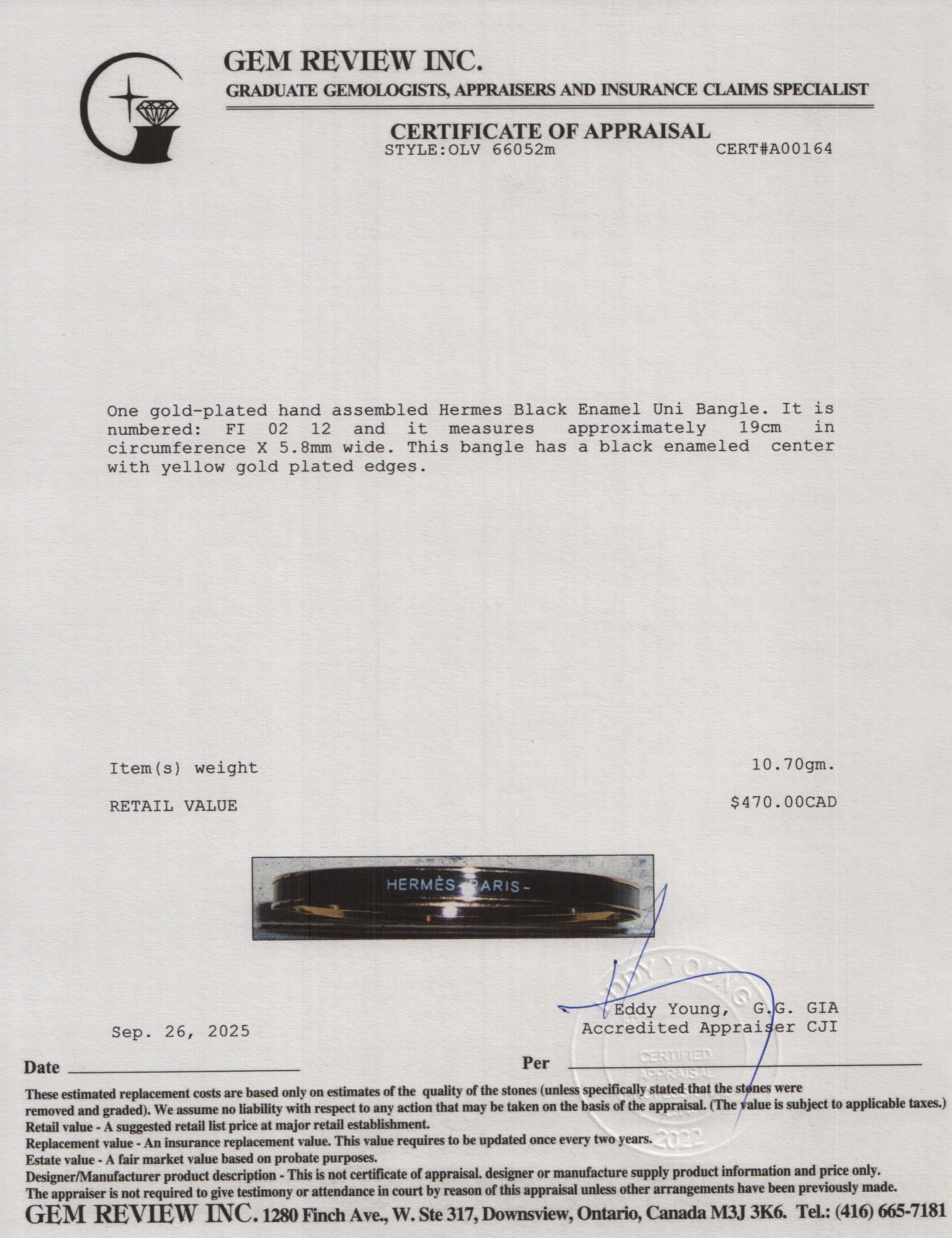 Hermes Gold-Plated Black Enamel Uni Bangle w/ Box