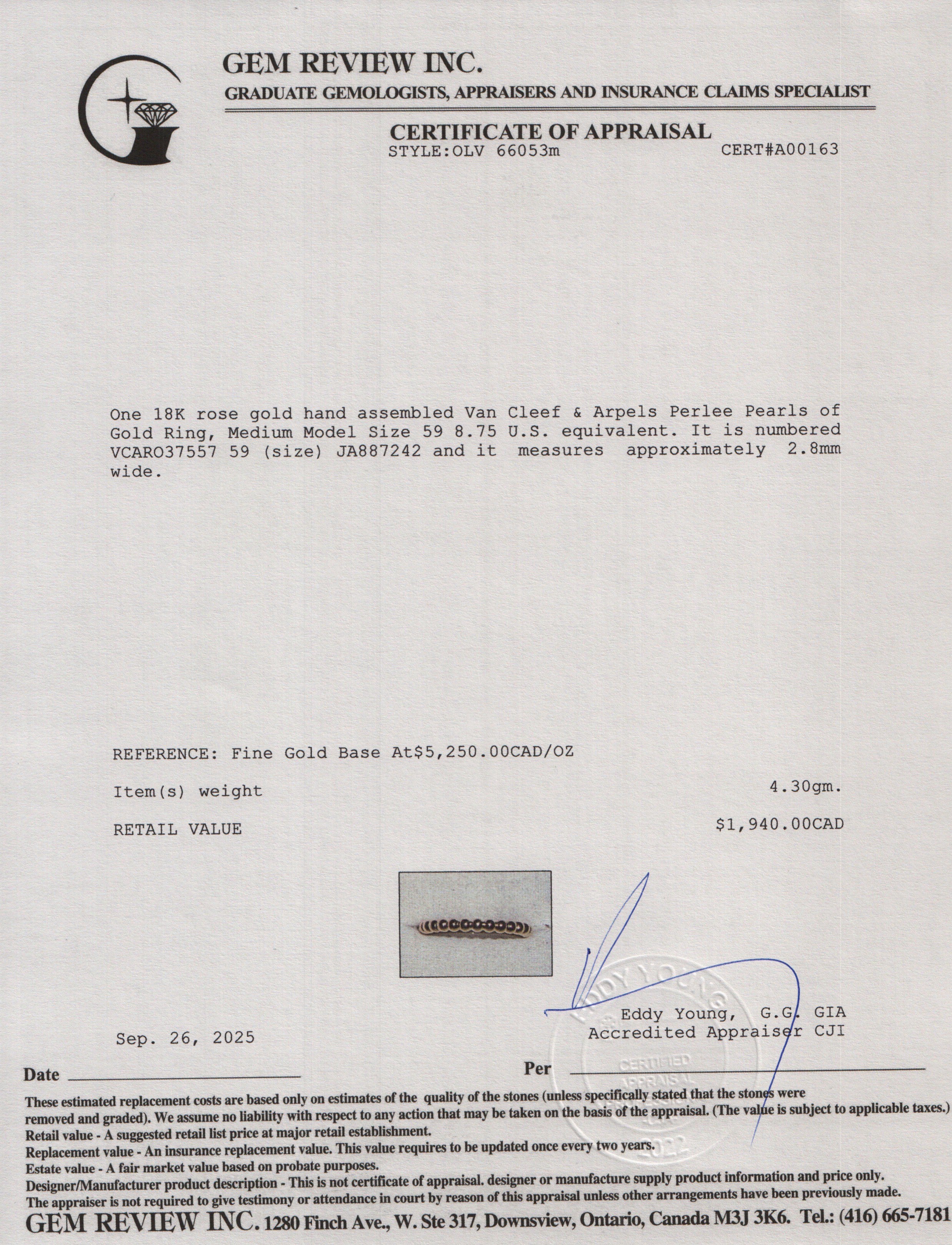 Van Cleef & Arpels 18k Rose Gold Perlee Pearls of Gold Ring, Medium Model Size 59 8.75 w/ Certificate & Carry Pouch