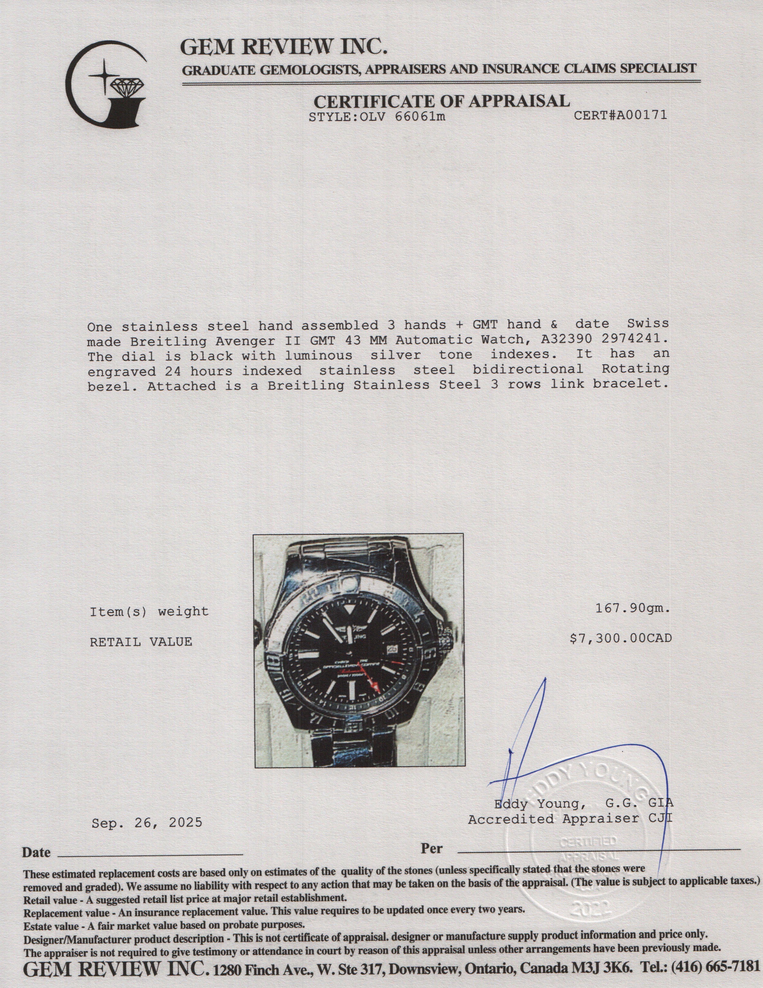 Breitling Stainless Steel Avenger II GMT 43 MM Automatic Watch Black Dial A32390 w/ Box & Papers