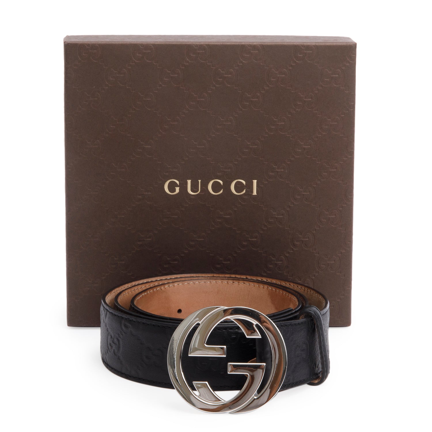Gucci Black GG Signature Leather Interlocking G Belt 105 42 w/ Box