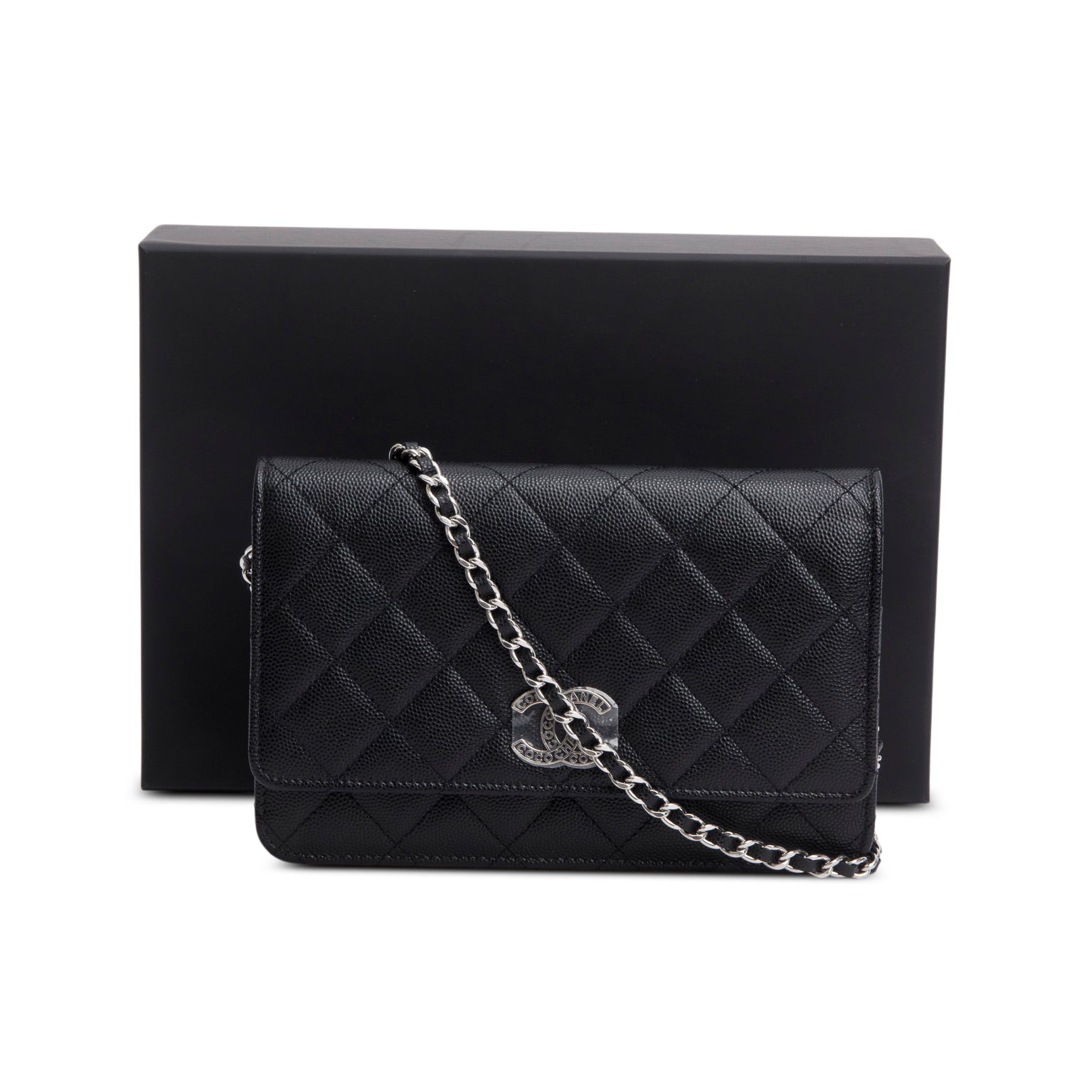 Chanel 2024 Black Quilted Caviar Leather Coco Chanel CC Wallet on Chain w/ Box & Receipt